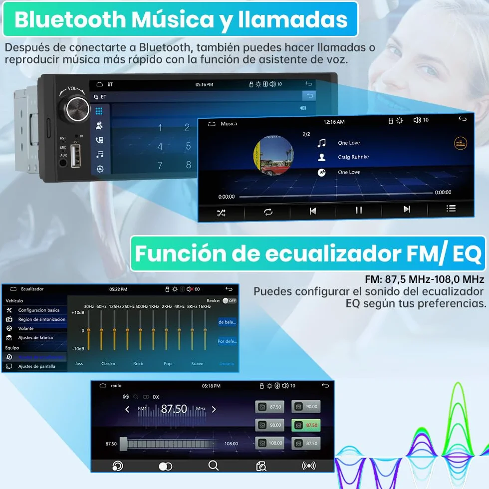 Junsun 6.36 Pulgadas 1 DIN Radio Coche Universal con Pantalla Táctil, con CarPlay/AndroidAuto/Admite Carga Type-C/USB/Micrófono/FM/EQ/WiFi/GPS/Bluetooth 5.0/USB/SWC y Cámara Trasera con Cable 6M