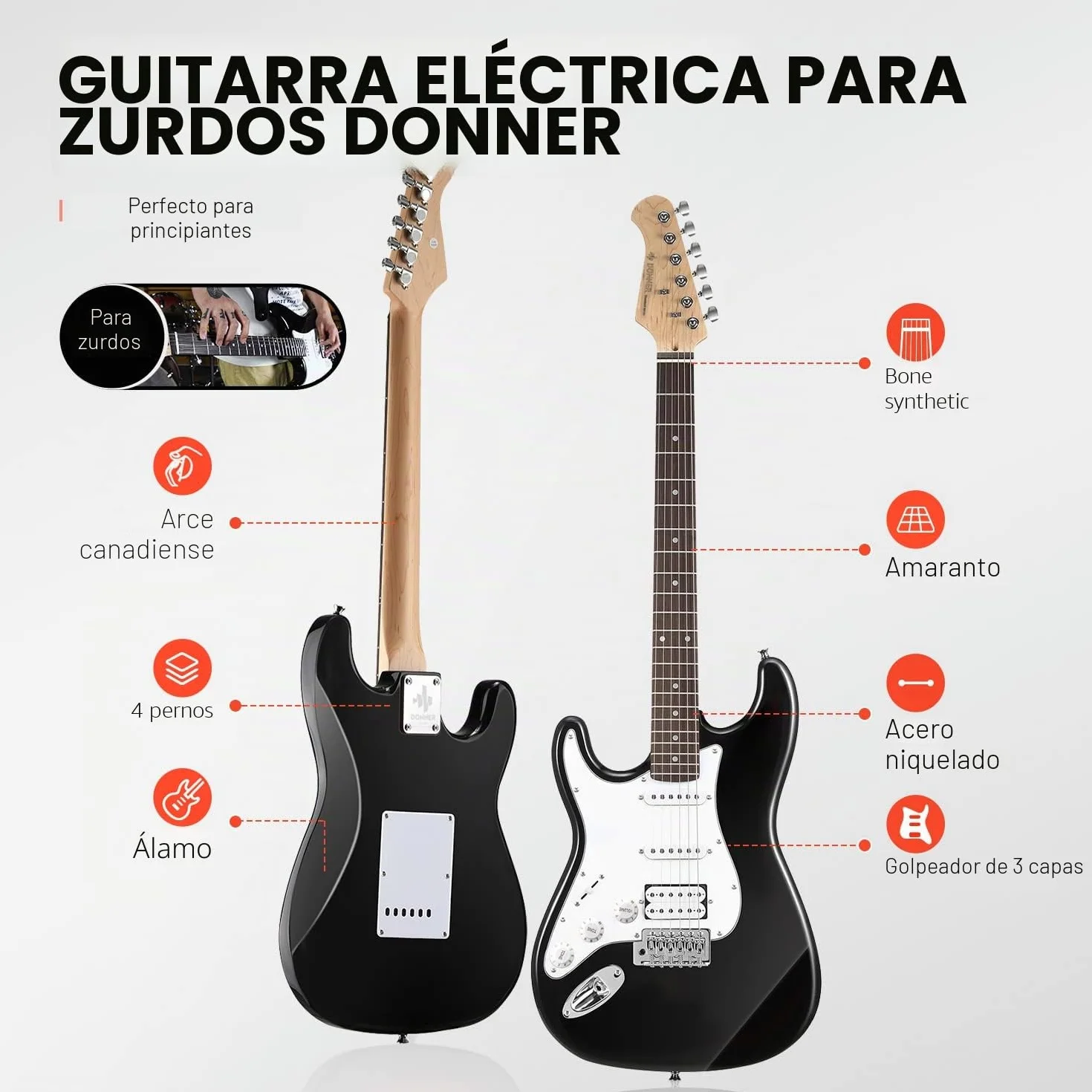 Donner Guitarra Eléctrica para zurdos de tamaño completo de 39 pulgadas con amplificador, bolsa, capo, correa, cuerda, sintonizador, cable y púas (Negro, DST-100BL)