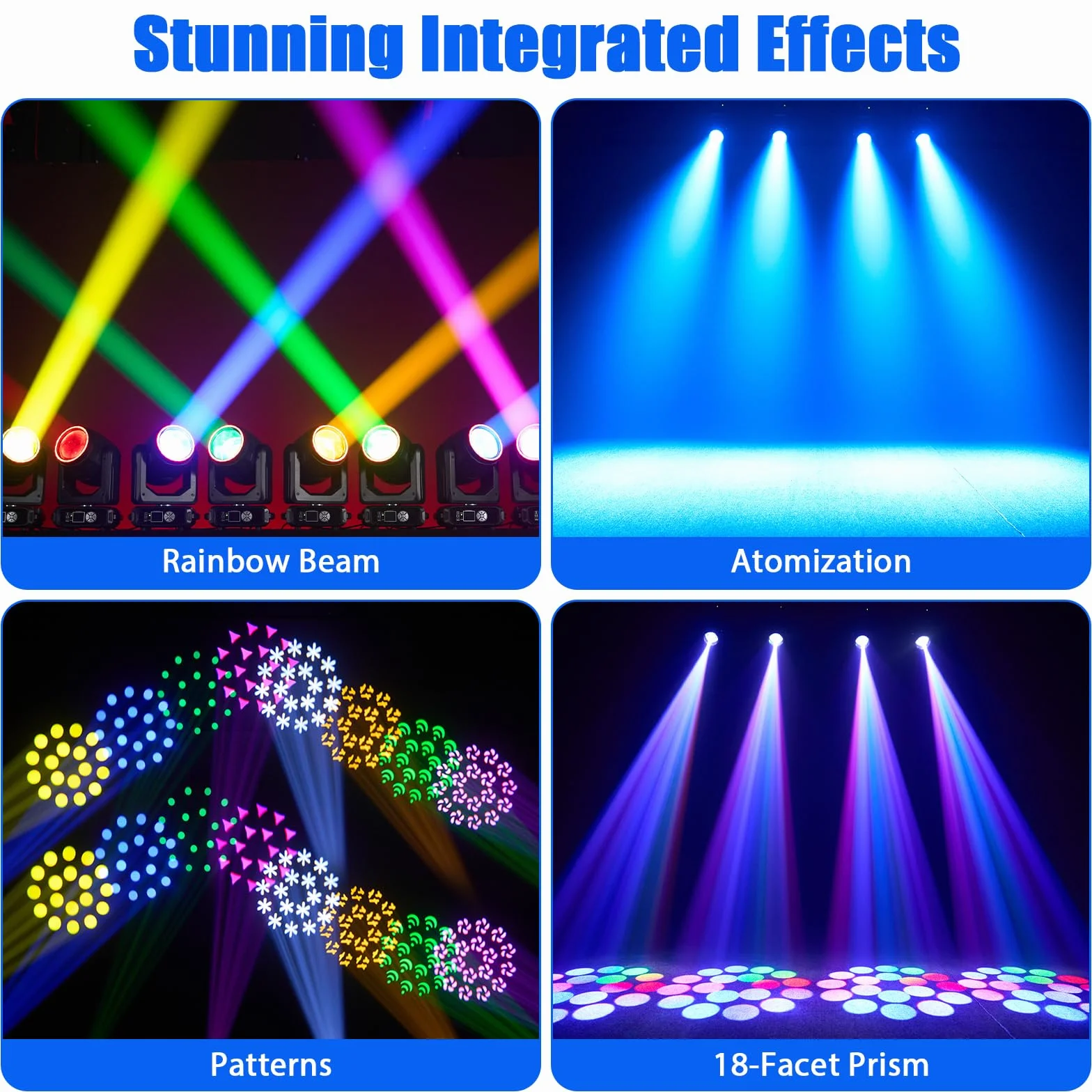 2 piezas 200W LED Cabeza Móvil Luces de Discoteca, Luz de escenario RGBW Beam con 18 Prismas 11+1 Colores 14+1 Patrones Clubes Fiestas Conciertos Discotecas DJ