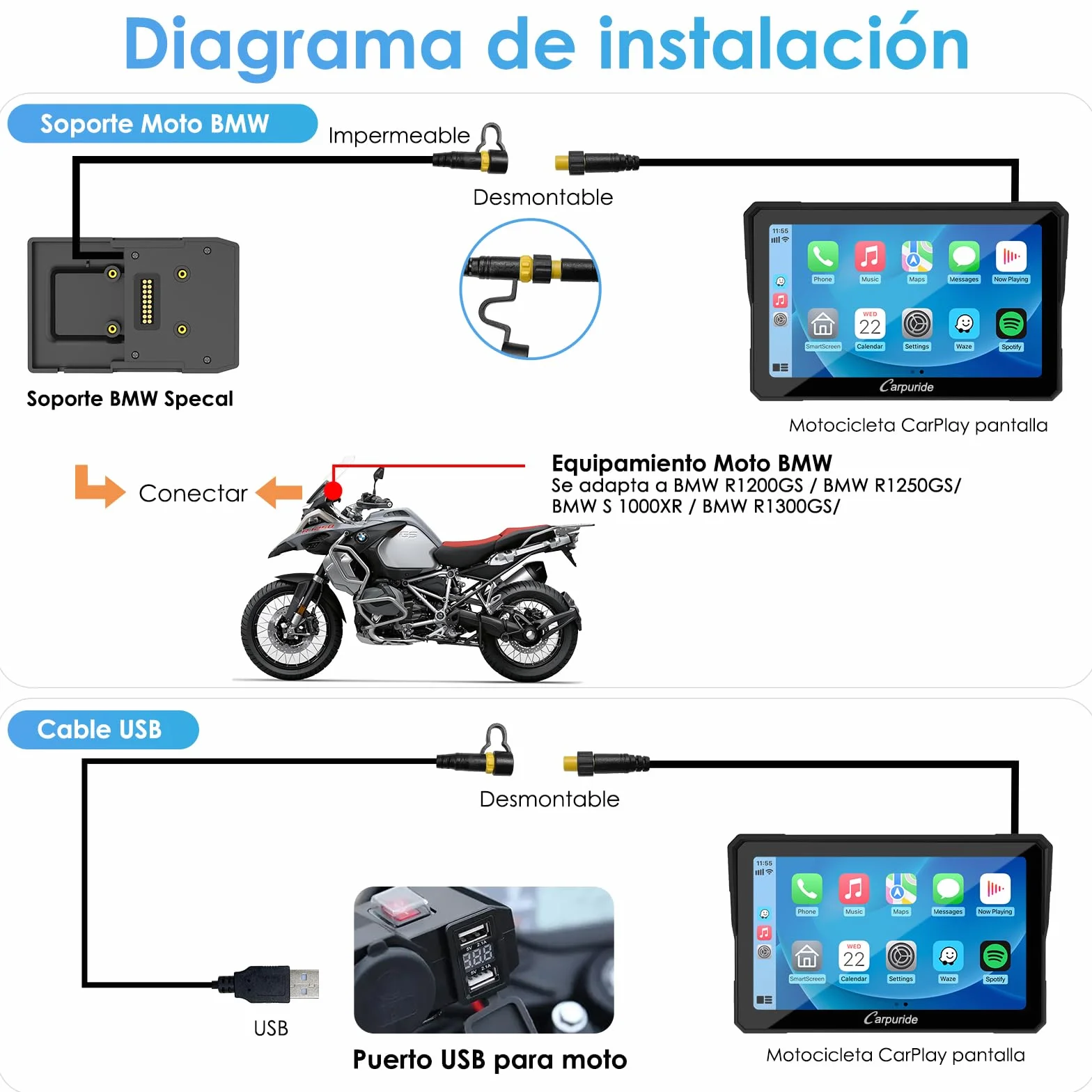 Carpuride W702B - Pantalla GPS Carplay para Motocicleta con Soporte Personalizado para BMW Motorbike, Inalámbrico CarPlay y Android Auto, Portátil 7 Pulgadas Impermeable Táctil Pantalla, Bluetooth