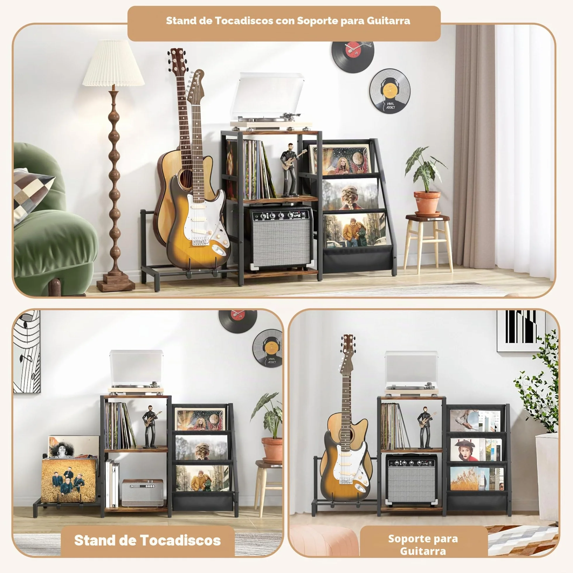 Bikoney Mueble Soporte para Tocadiscos y 200 Vinilos, Soporte de Guitarra Integrado para Eléctrica, Acústica o Bajo, Estante de 3 Niveles para Amplificador y Altavoces, Organizador de Música