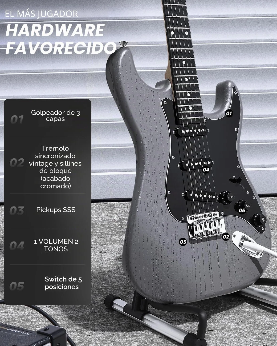 DONNER DST-80 Guitarra Eléctrica Kit para Principiantes de 39” con Amplificador, Pastilla Clásica SSS, Incluye Funda, Afinador, Capodastro, Correa, Púas y Lecciones en Línea Gratuitas