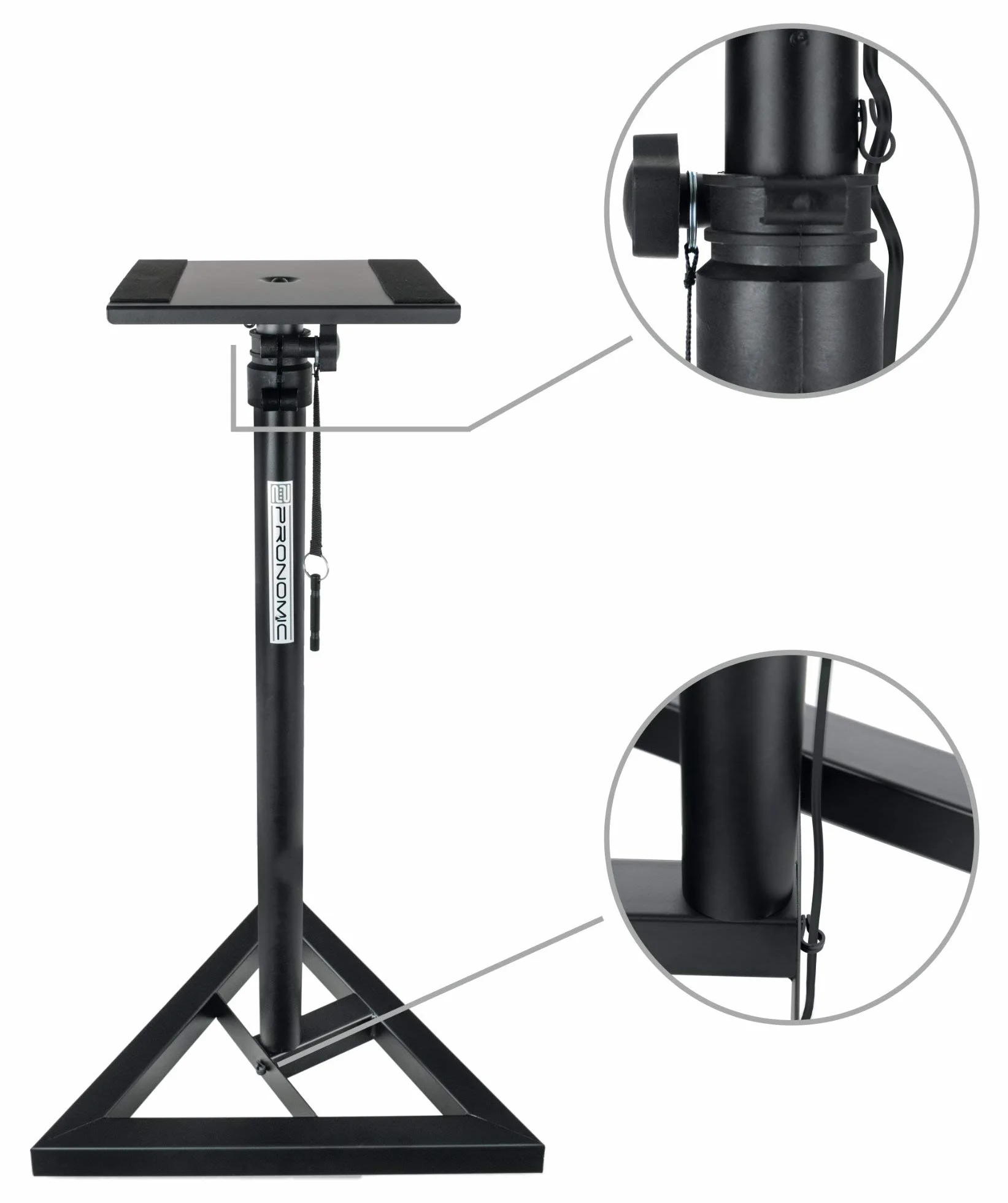 Pronomic SLS-10 2x Soporte de altavoz para monitor de estudio - Altura ajustable de 80 cm a 130 cm, base triangular, pies de goma, pies con pinchos, acero, placa de soporte con tiras de goma - Negro