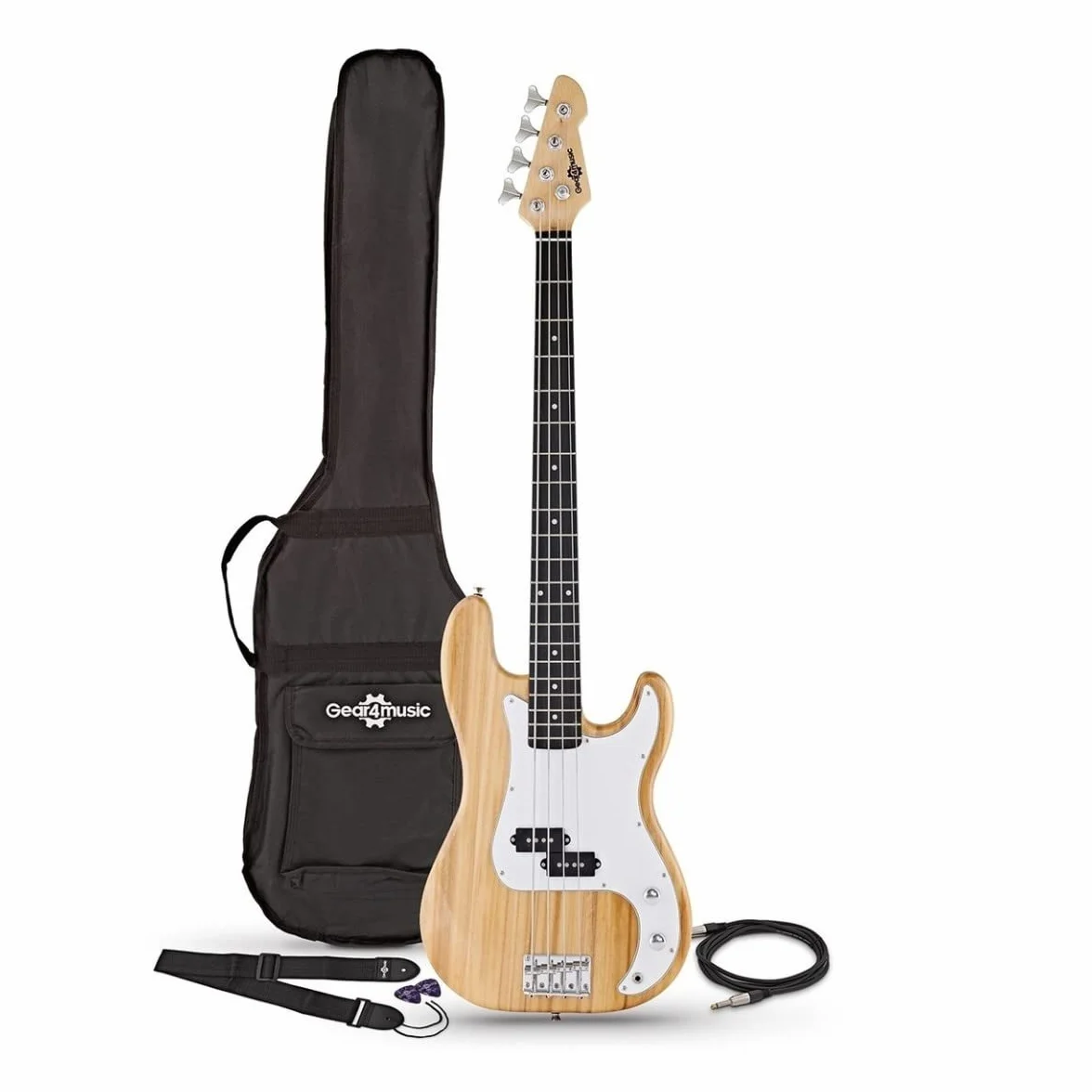 Gear4music Guitarra de bajo Full Size con funda de transporte Correa de cable LA Natural
