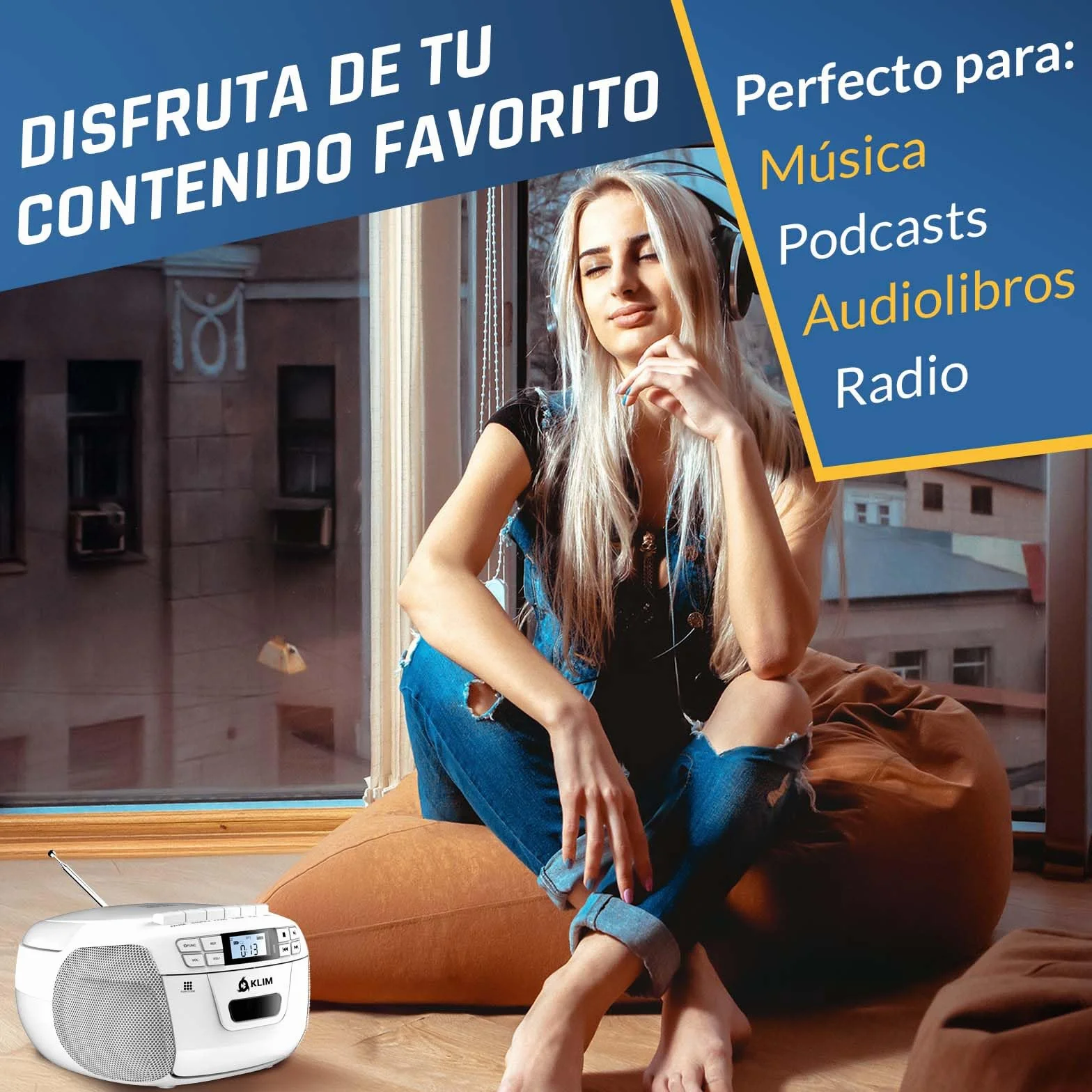 Reproductor CD Cassette KLIM con Radio AM/FM y Bluetooth, USB, AUX, Grabación en Cinta, Control Remoto - Blanco