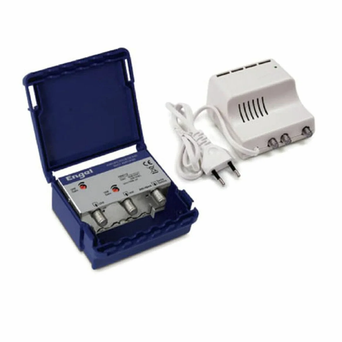 Engel AM6212K5 Kit Amplificador de Mástil 2 Entradas UHF VHF 40dB 25dB con Fuente de Alimentación 24V Filtro LTE 5G Alta ganancia Resistente para instalación exterior