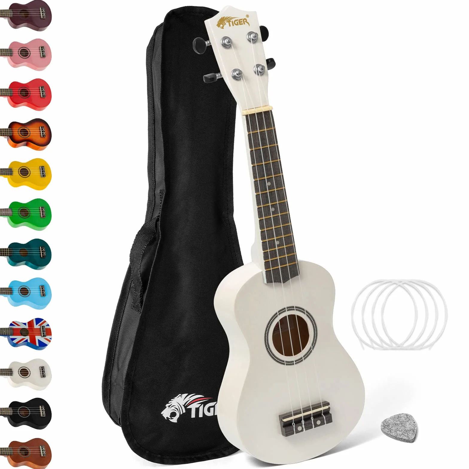 Tiger UKE7 Ukelele soprano para principiantes incluye funda, púa de fieltro, juego de cuerdas de repuesto. Nuevo de este 2020, ahora equipado con cuerdas Aquila,Blanco