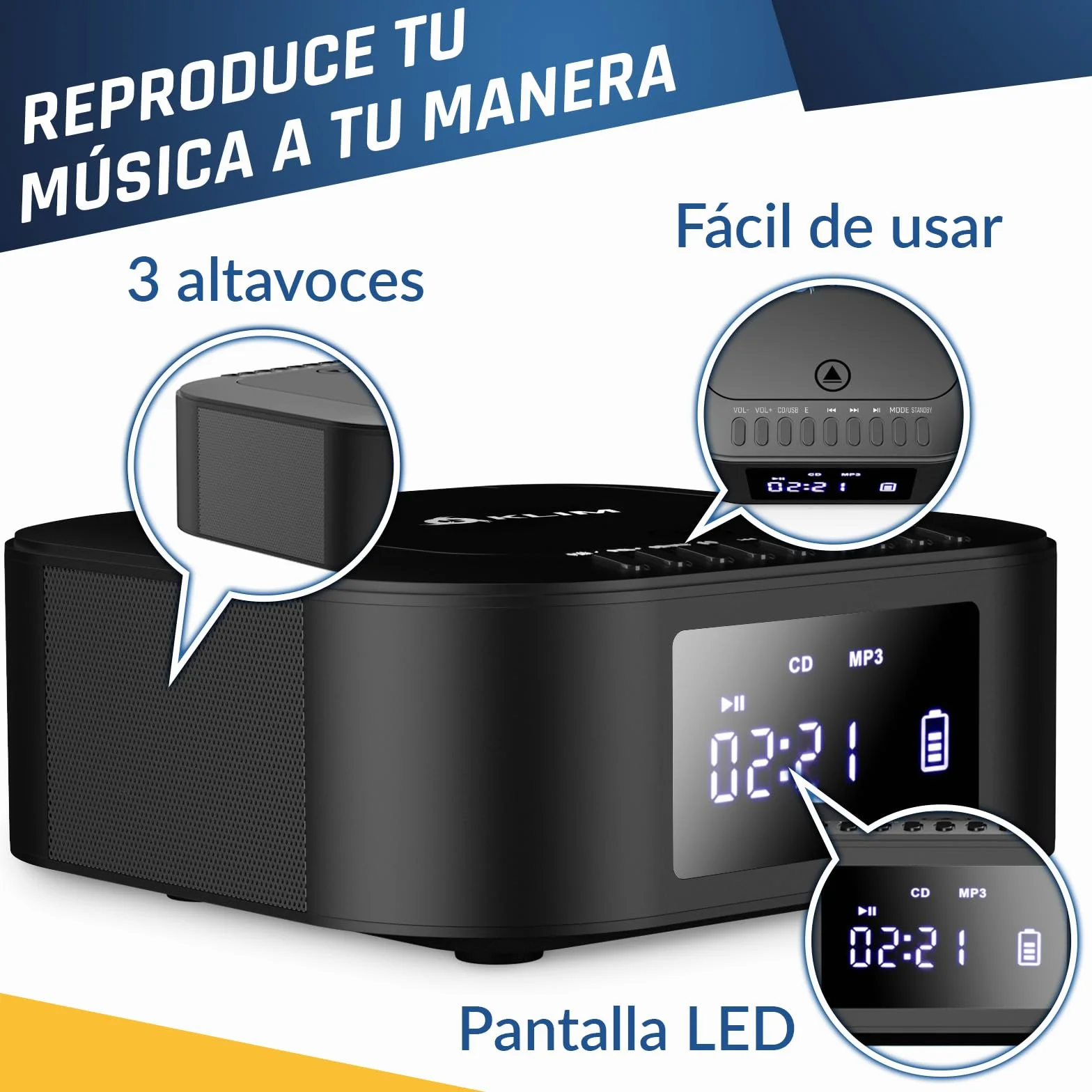 KLIM Boombox E1 Reproductor de CD portátil Bass Boost Subwoofer Radio FM Bluetooth MP3 AUX USB Negro Plata
