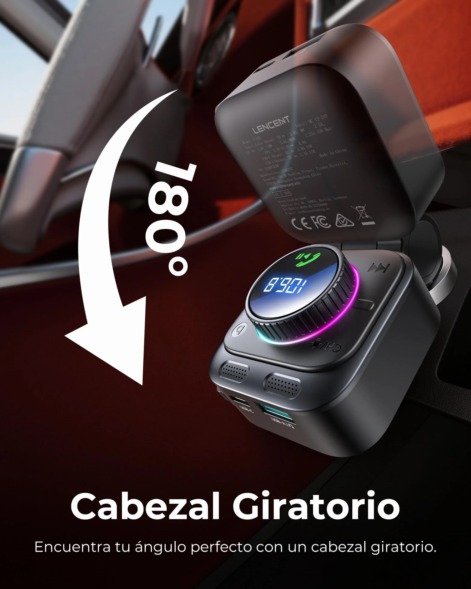 LENCENT Transmisor FM Bluetooth 5.4 con Carga Rápida 72W, Adaptador de Coche con Cable USB-C Extensible de 72 cm, Manos Libres con Graves Potentes, Reproductor de Música USB para Viaje por Carretera