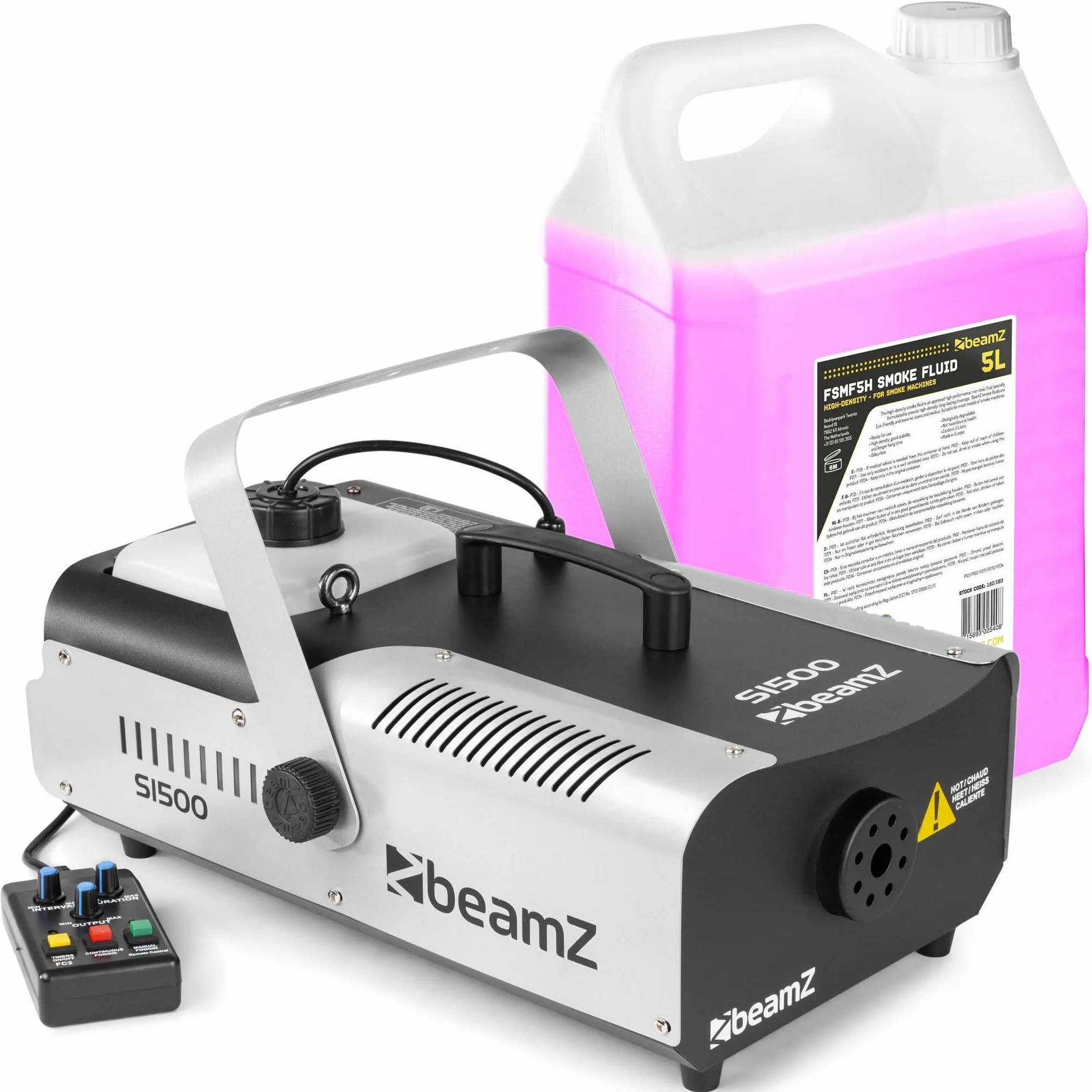 BeamZ S1500 Máquina de Humo con Líquido 1500 W, Máquina de Niebla incl. 5 Litros de Líquido de Humo, Control Remoto con Cable para Fiestas, Máquina de Humo para DJs, Fiestas en Casa, Bodas, Eventos.