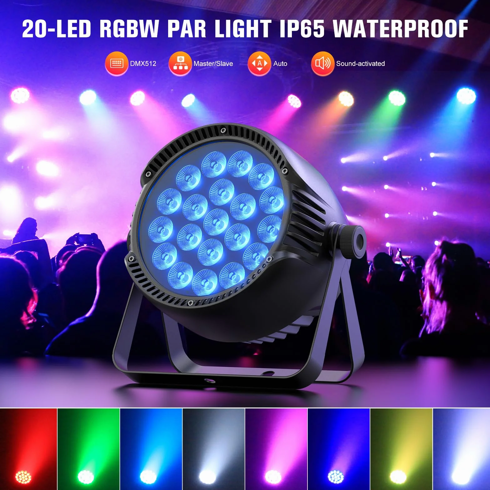 300W Par LED IP65 Impermeable, Foco Luz de Escenario RGBW, Luce de Disco DMX512, Luz de Fiesta, Ideal para Fiestas al Aire Libre y Conciertos en Días Lluviosos