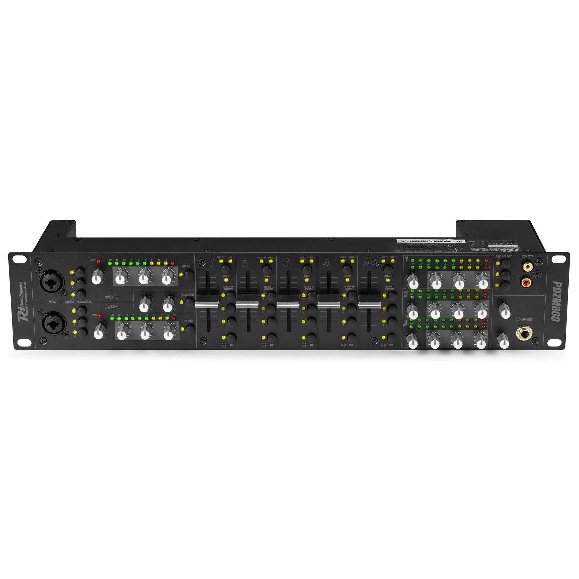 Power Dynamics PDZM800 Mezclador de audio, Mezclador de 3 zonas, instalaciones de altavoces, procesador DSP, 5 entradas + 2 canales de entrada MIC, talkover, CUE, rack 19» 2U, XLR, jack, +48V phantom