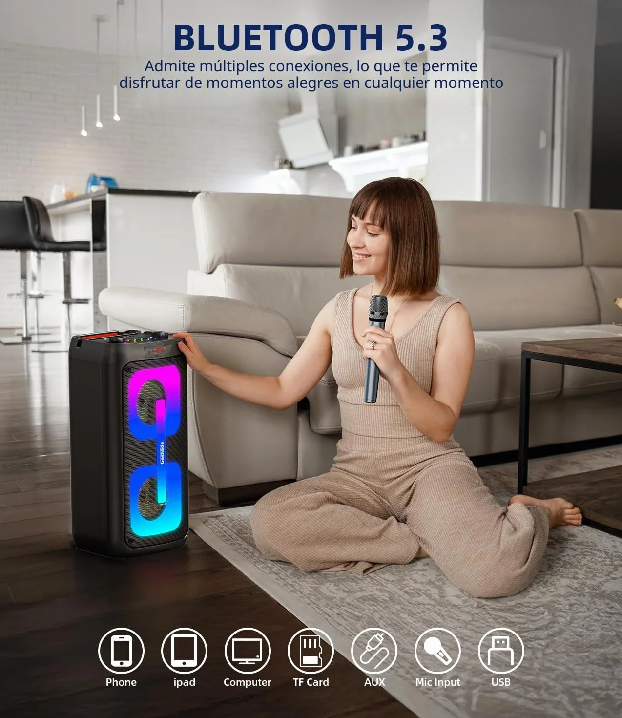 Máquina de Karaoke 2 microfonos inalambricos,Altavoz Karaoke Profesional Completo,Bluetooth portátil con Luces LED,Sistema PA,para Fiestas,Regalo,al Aire Libre,soporta Bluetooth/TF/USB/AUX/TWS