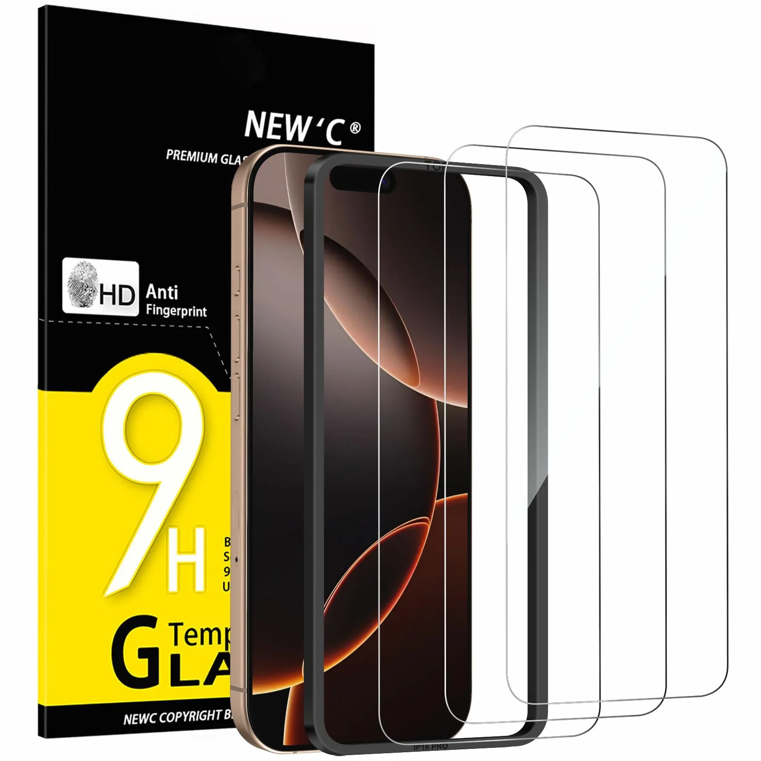 NEW'C 3 Piezas, Protector Pantalla para iPhone 17, 17 Pro, iPhone 16 Pro (6,3″), Cristal templado con herramienta de instalación fácil incluida, Antiarañazos, Antihuellas, Dureza 9H, Ultra Resistente