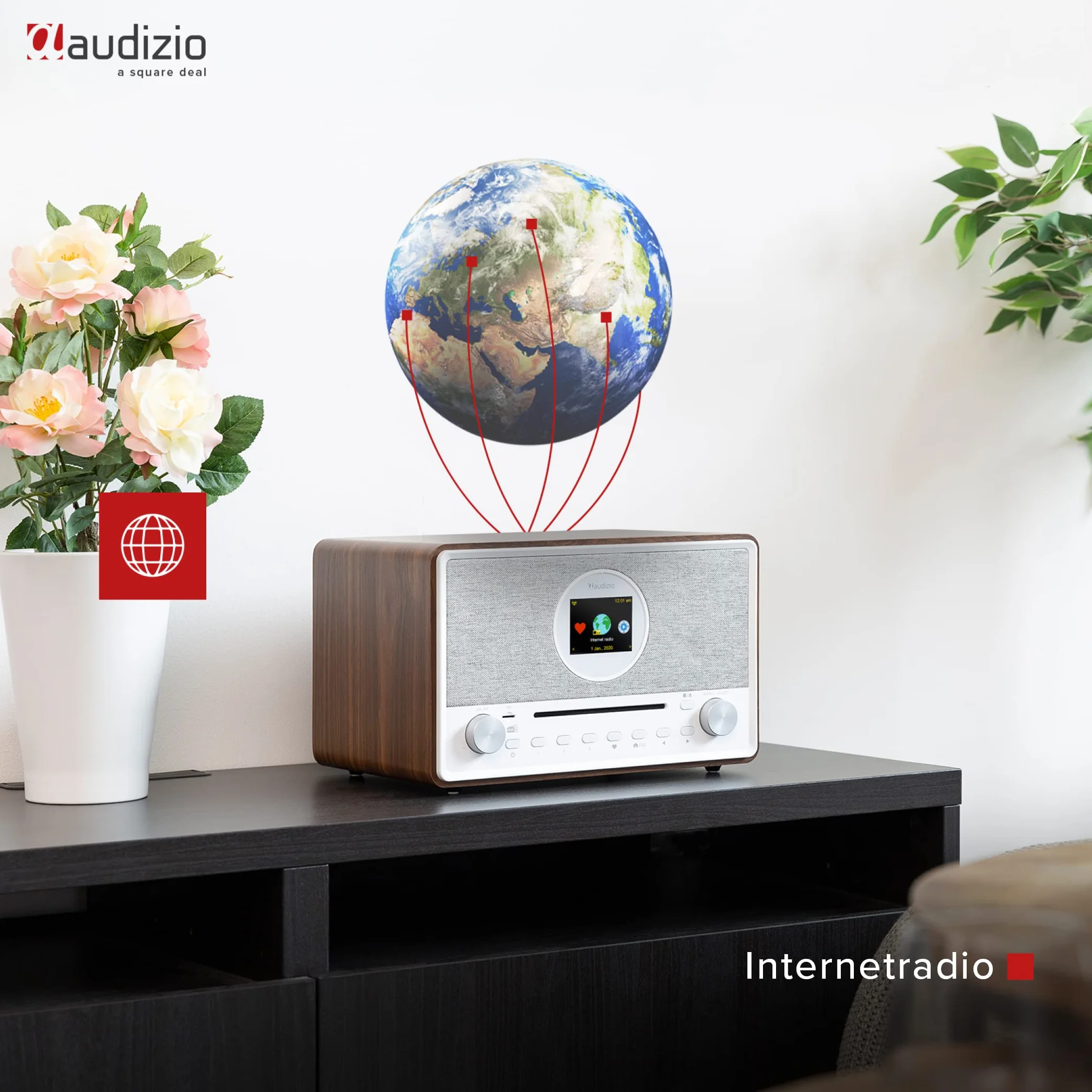Audizio Lucca Radio Internet con Dab+ y Reproductor CD Acabado en Madera, Bluetooth 5.0, conexión WiFi, conexión USB y Entrada MicroSd, Display de 2,8", función Sleep, Doble Alarma, Mando a Distancia