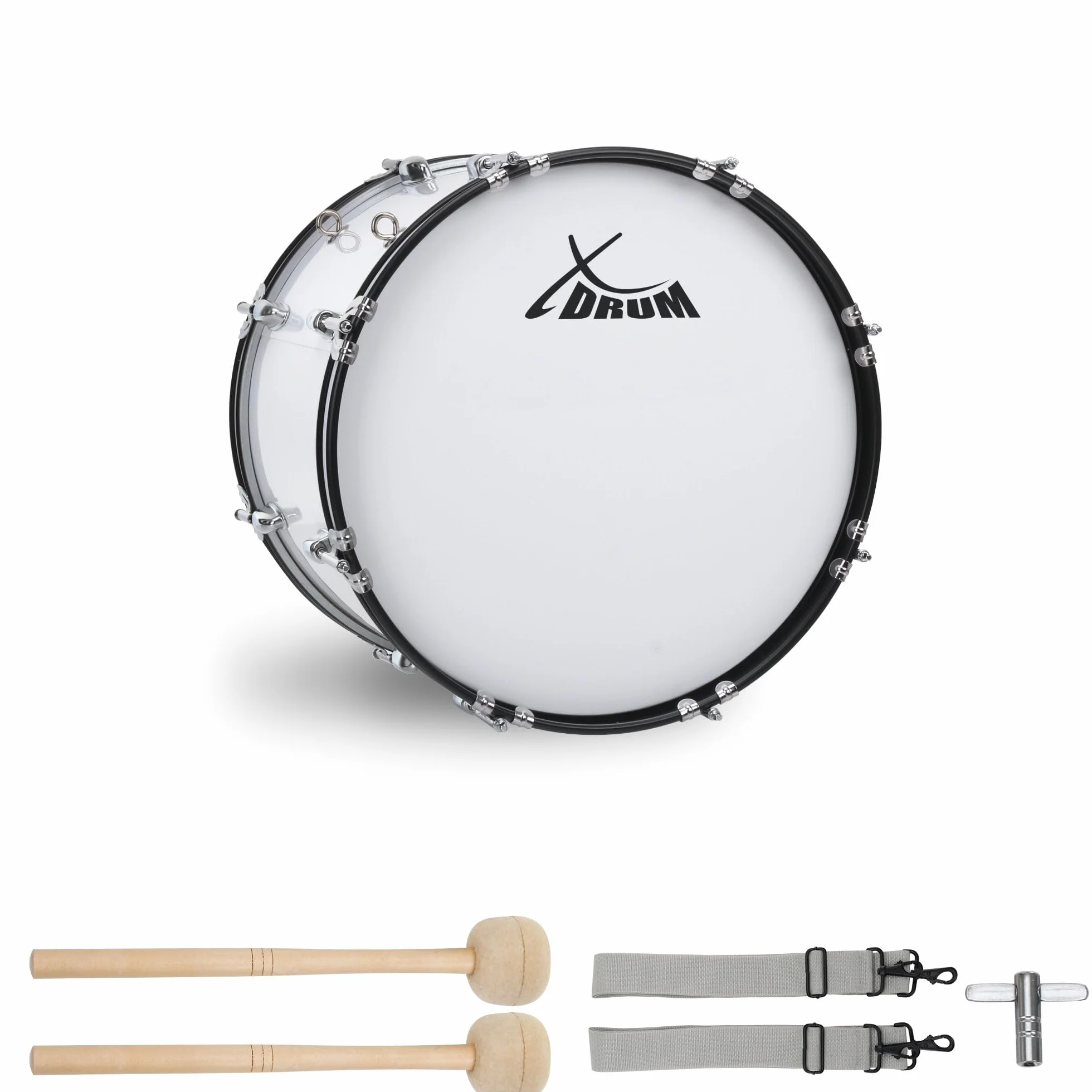 XDrum MBD-218 Tambor de marcha 18x12" - Bombo grande, 6,5 kg; 4 anillas de sujeción; 8 tornillos de tensión por lado; incluye mazas, correas, llave de afinación; blanco