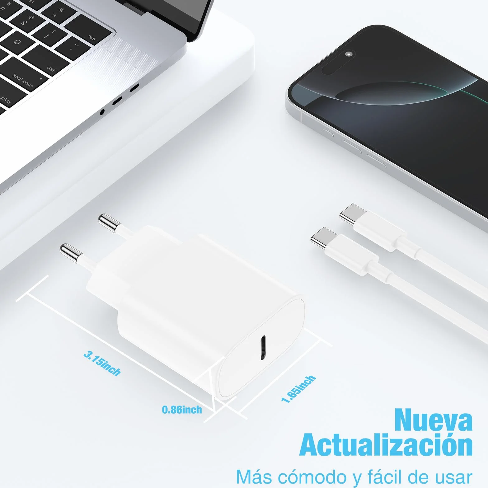 Cargador USB-C Carga Rápida 20W para iPhone 17 16 15 con Cable 2M
