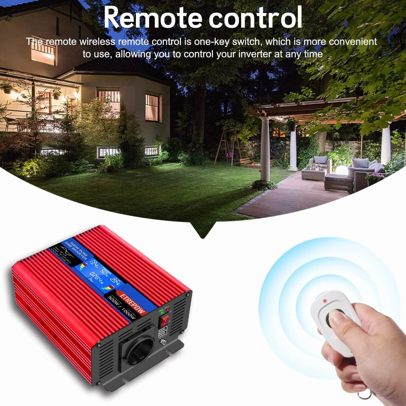 Inversor 12v 220v Onda Pura 500w/1000w Convertidor de Voltaje con 2 USB, Control Remoto Inalámbrico, Pantalla LCD Adecuado para Sistema Solar, Coche, Camping，caravanas