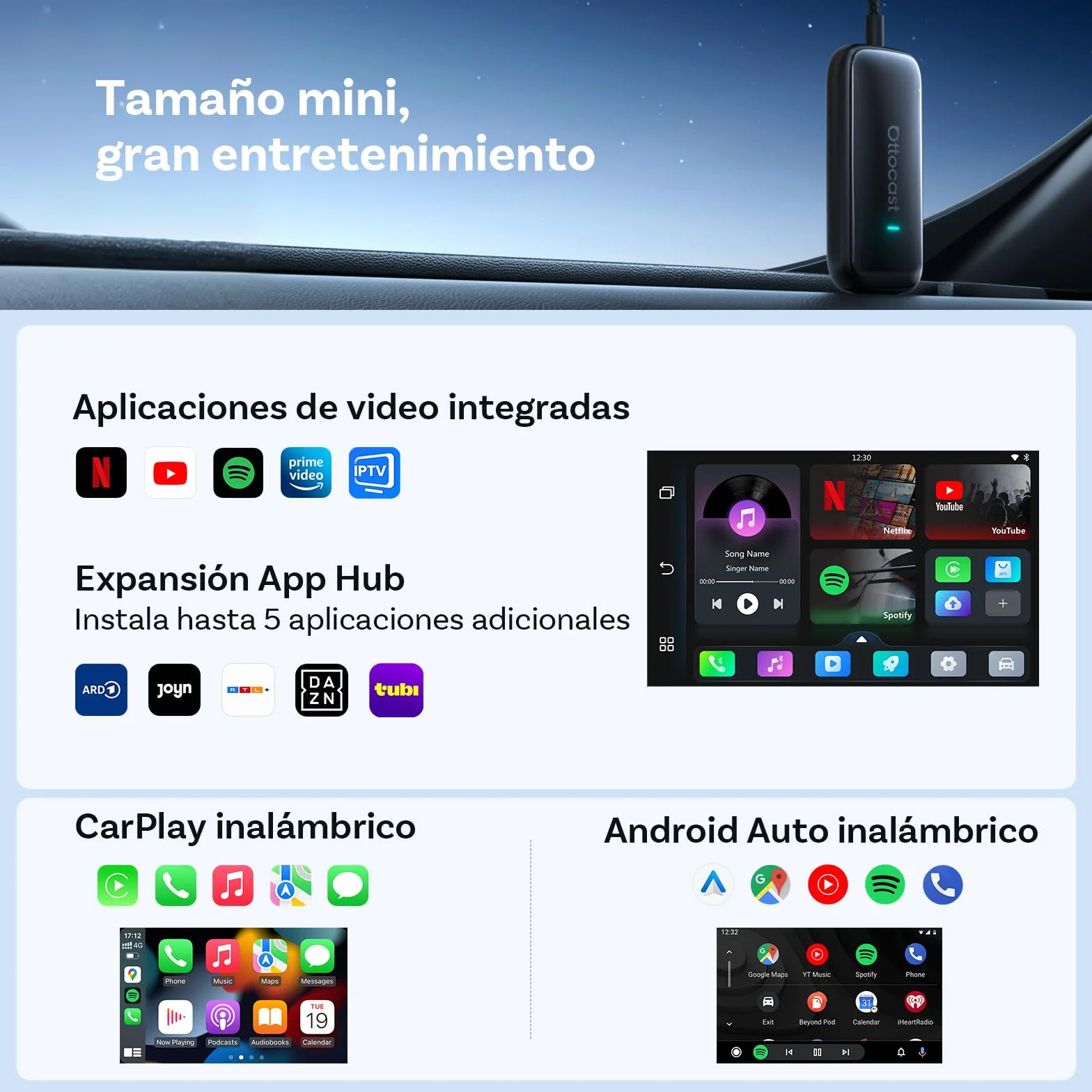 OTTOCAST 2026 Play2Video Ultra AI Box con Youtube/Netflix, Adaptador CarPlay & Android Auto Inalámbrico, Plug & Play, Chip 5G & WiFi6, 4 GB + 32 GB para Vehículos con CarPlay por Cable Desde 2016