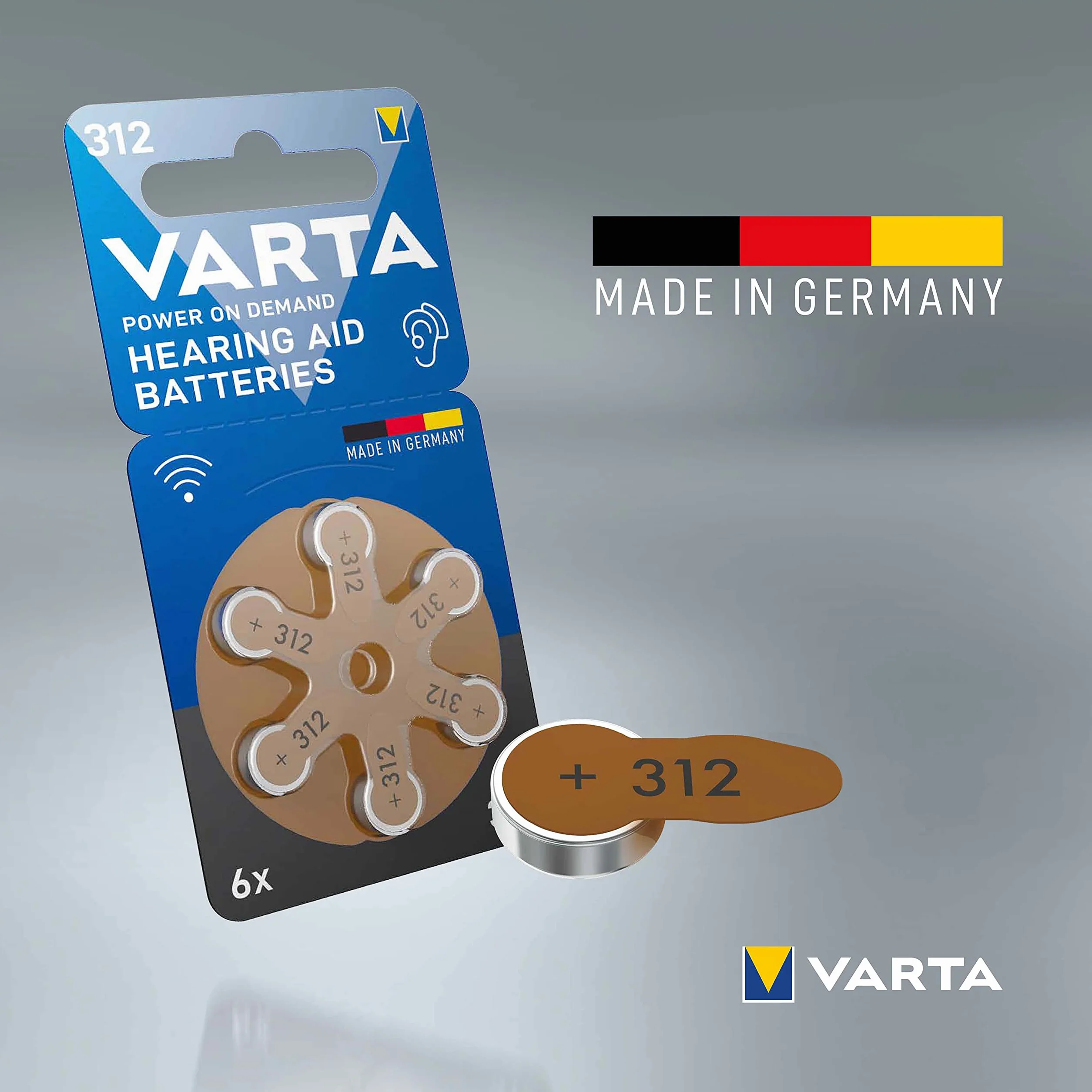 VARTA Pilas para aparatos auditivos tipo 312 marrón, paquete de 60, Power on Demand, Made in Germany