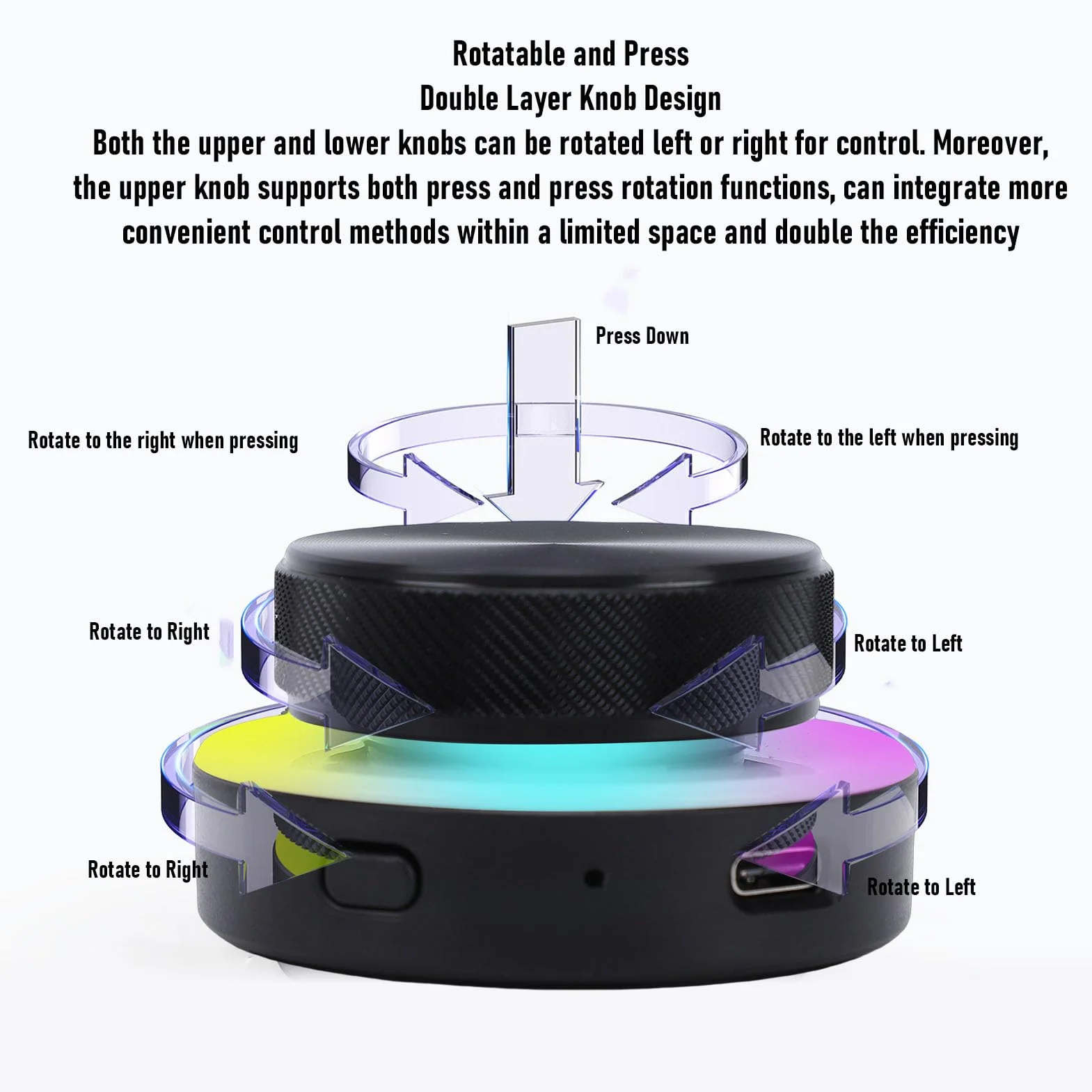 Bewinner Perilla de Control de Volumen Bluetooth, 2.4G BT Conectividad USB C Dial de Control RGB para PC, Computadora Portátil, Tableta, Teléfono, Ajuste de Volumen, Accesos Directos y