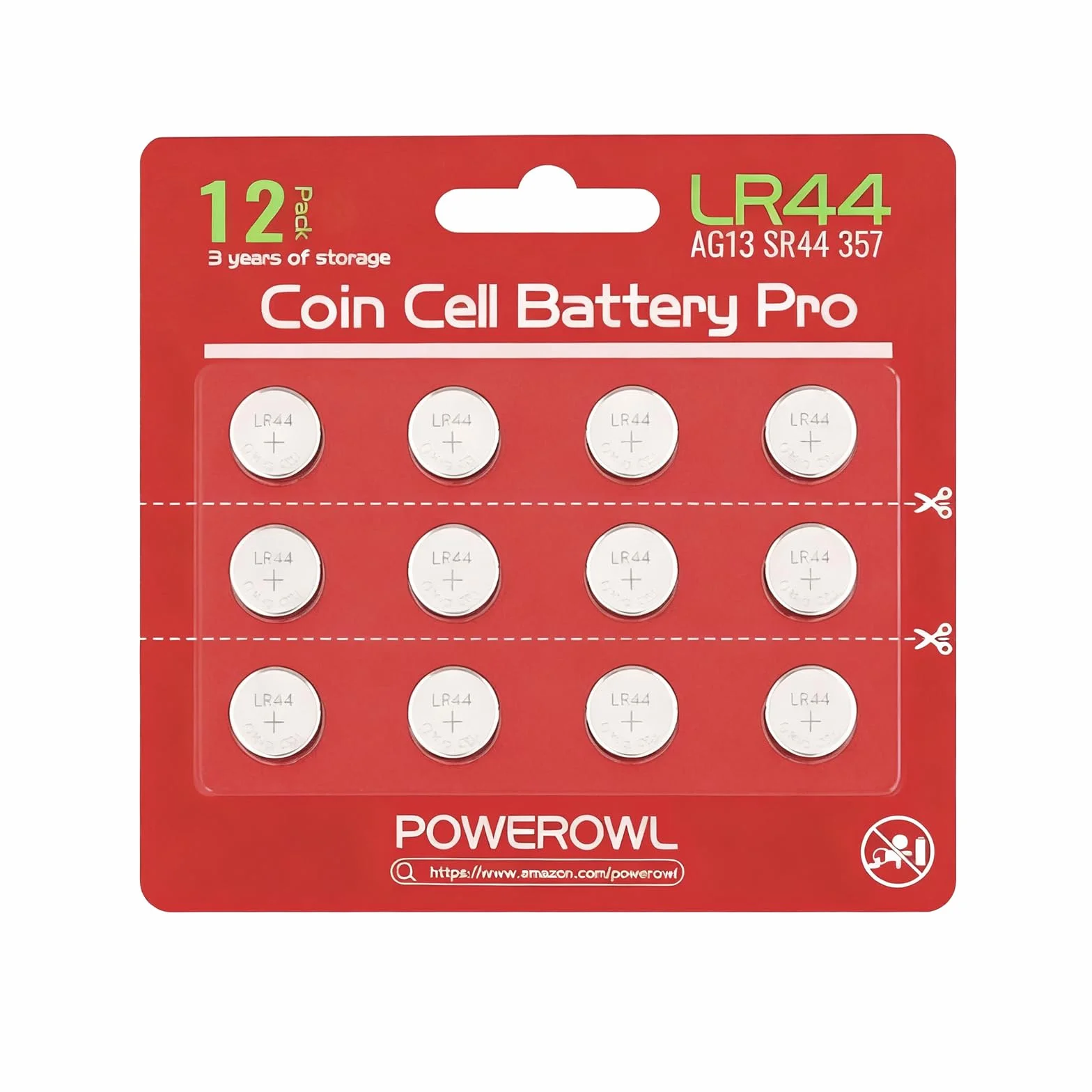 POWEROWL Pilas LR44 1,5V Alcalinas Paquete de 12 AG13 A76 357 LR44H SR44