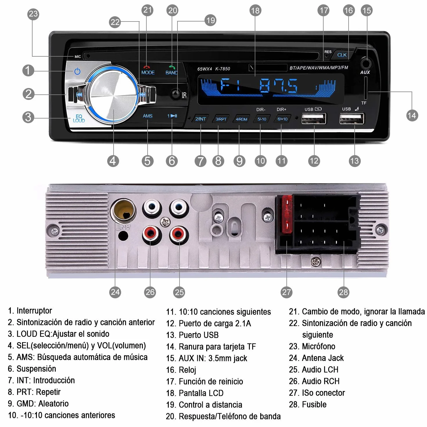 CENXINY Autoradio Bluetooth 5.0 FM Radio Coche Manos Libres Control Remoto Reproductor MP3 USB