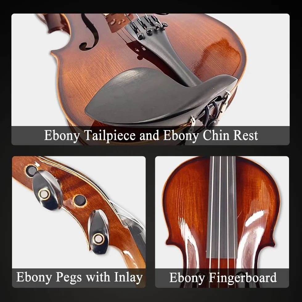 Violín 4/4 conjunto completo para principiantes, adultos, estudiantes, violín de madera maciza de arce y abeto envejecido, accesorios de ébano con estuche rígido, soporte para hombro, arco