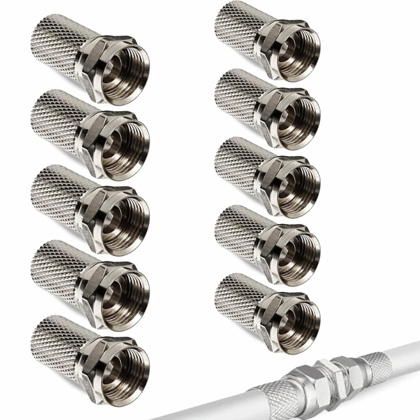 TECHZOCO Cable Coaxial SAT, Cable Antena TV 90 dB, Cable televisión Doble apantallamiento, Compatible con DVB-S/S2, DVB-T/T2, DVB-C/C2, 4K 1080p, Incluye 10 conectores F, Blanco, 25 Metros