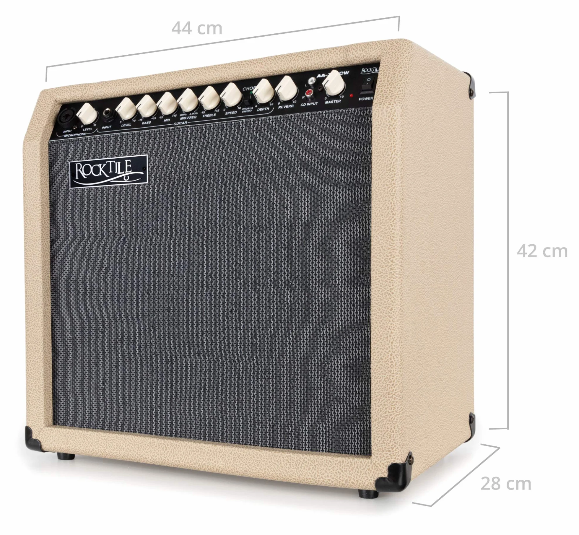 Rocktile AA-30 CW Eric Amplificador Acústico 30W, 2 Canales (Mic y Guitarra), Altavoz 10" + Tweeter 2.5", Entrada AUX, Salida línea, Efectos Chorus y Reverb, Color Crema.