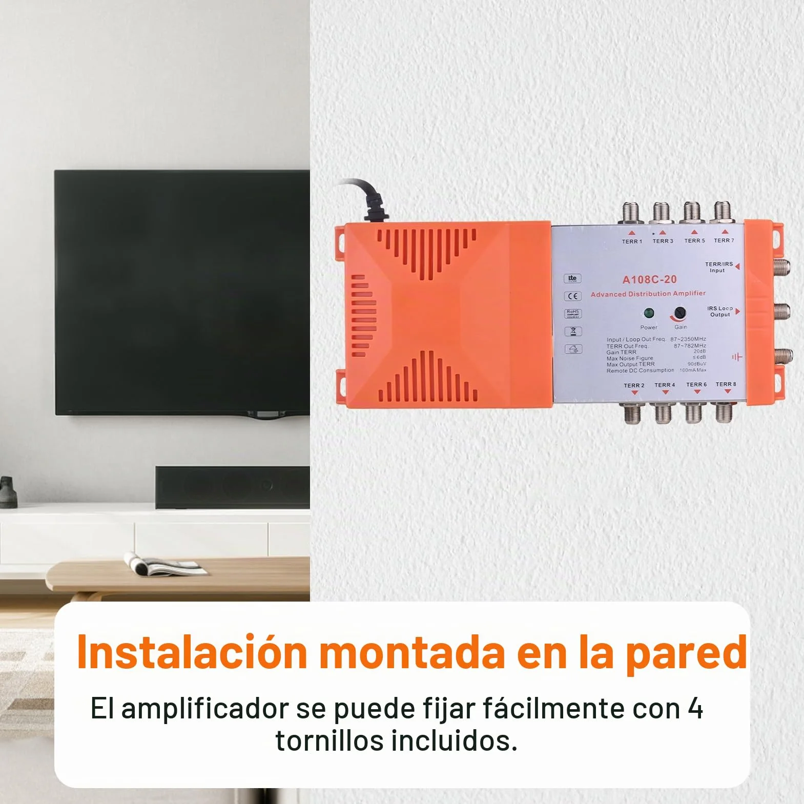 Weytoll Amplificador de Distribución de 8 Vías para Señales de TV y Radio Terrestres – Sistema MATV/Sat Interior con Bucle IRS, Ganancia de 20 dB, Bajo Ruido, Filtro 4G, Montaje en Pared