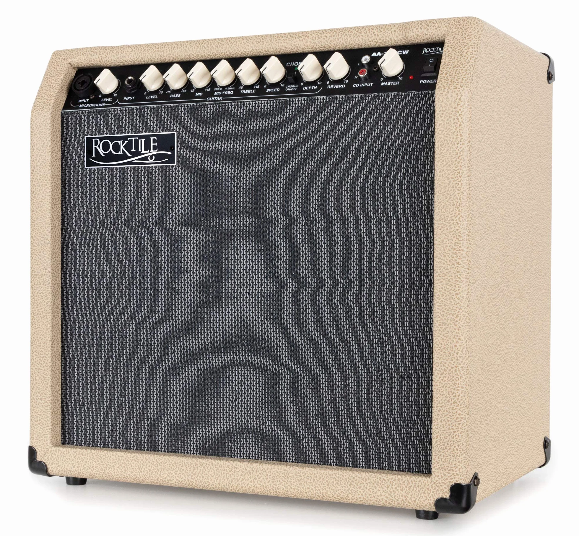 Rocktile AA-30 CW Eric Amplificador Acústico 30W, 2 Canales (Mic y Guitarra), Altavoz 10" + Tweeter 2.5", Entrada AUX, Salida línea, Efectos Chorus y Reverb, Color Crema.