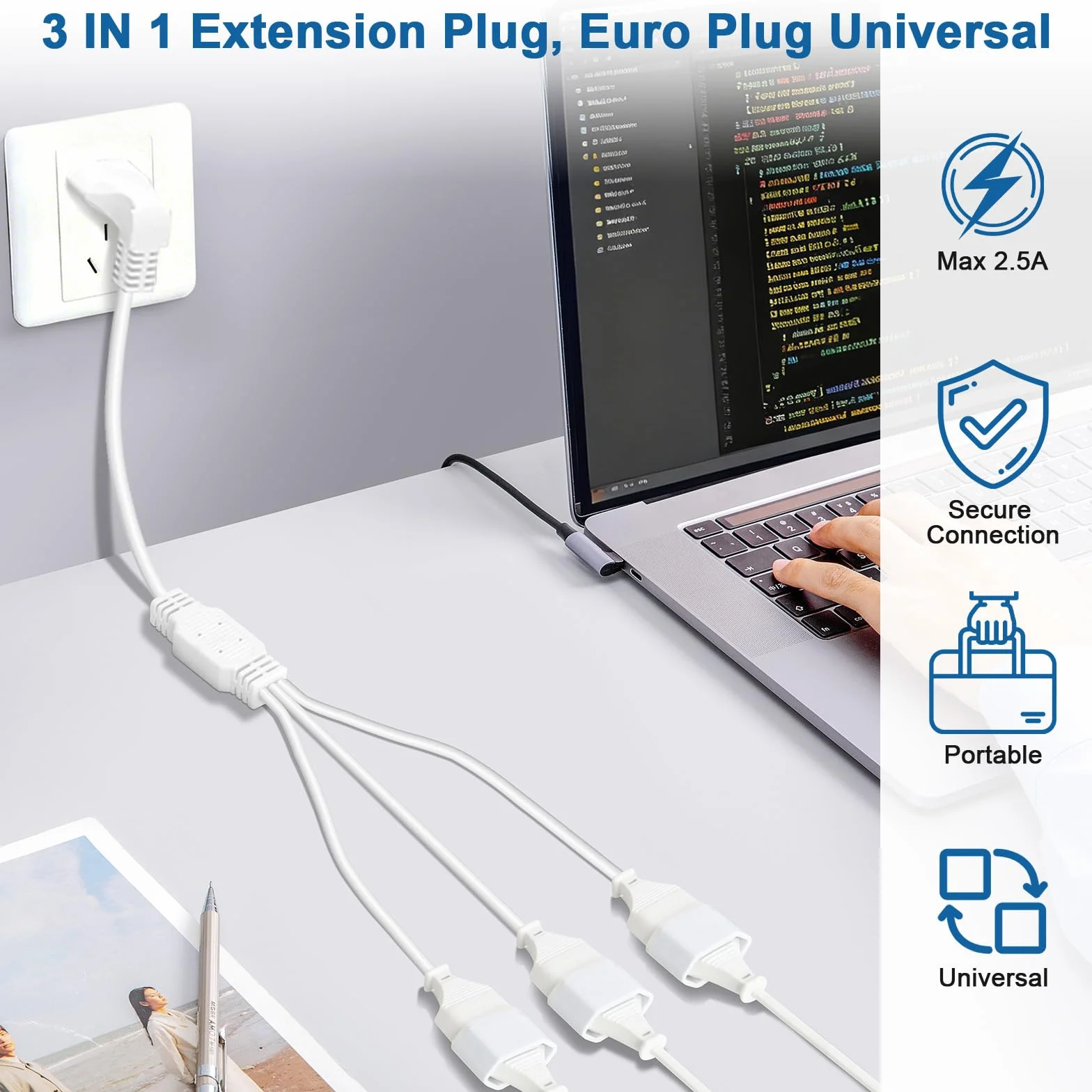 VINATO Alargador Enchufe 3 en 1 0.5 Metros Extensión Eléctrica 3 Tomas Europeas 250V 2.5A Cable Plano