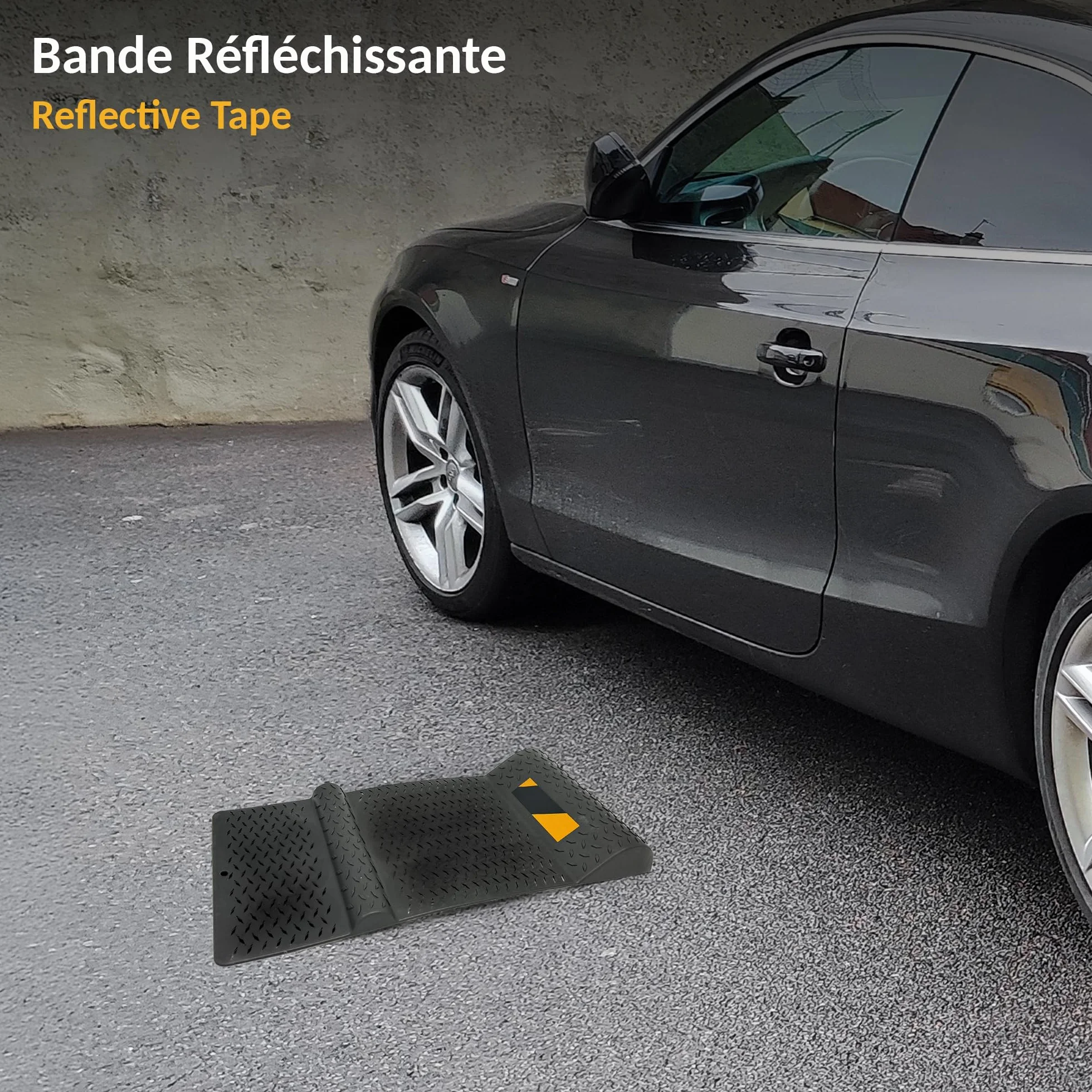 Fishtec Tope de Rueda Parking Interior Exterior - Ayuda Aparcamiento Coche - Banda Reflectante Alta Visibilidad - Garaje Plaza Aparcamiento Protección Pared - Negro 52 x 25,5 x 27 cm