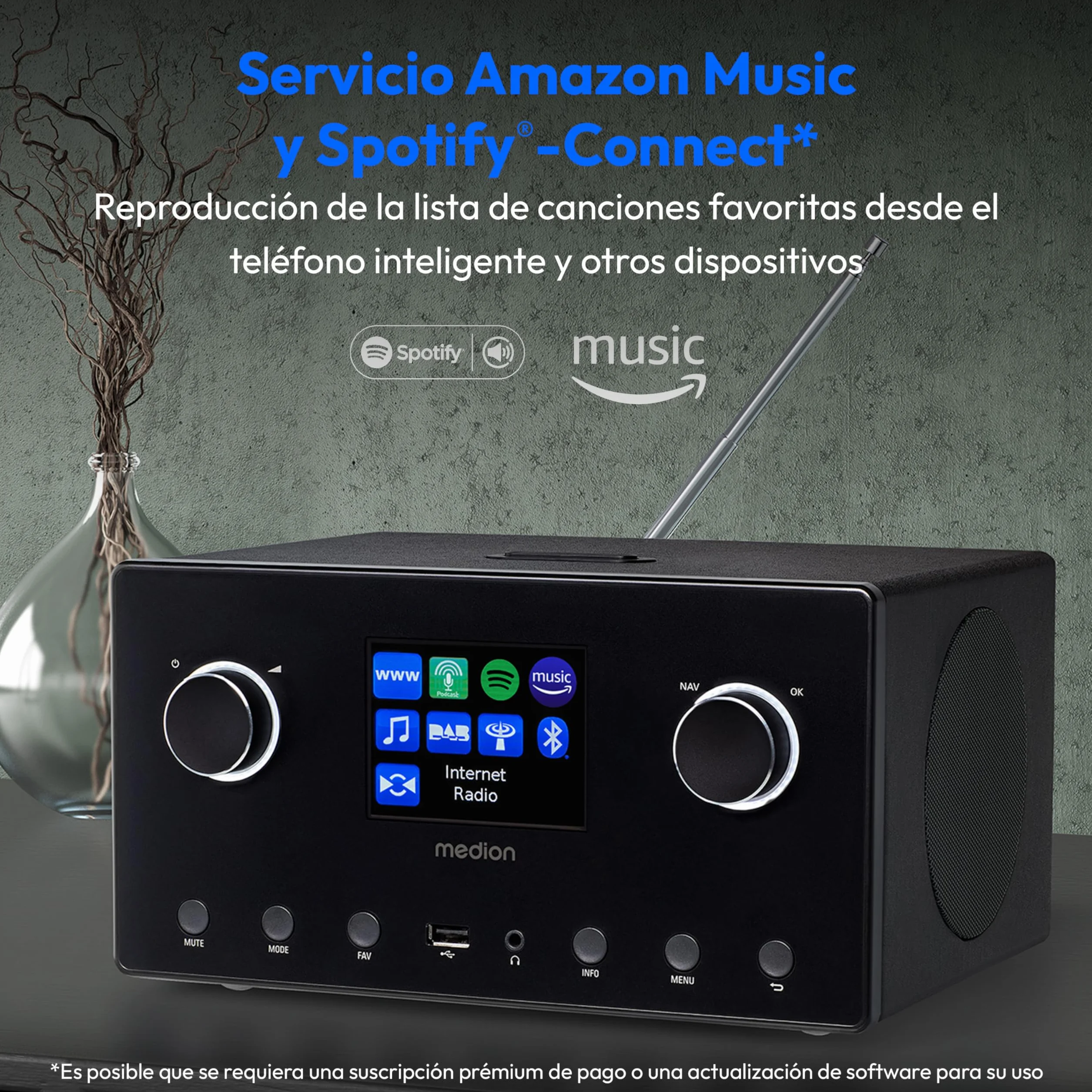 MEDION P85444 Radio por Internet 2.1 con Subwoofer (Dab+, Radio FM, Spotify Connect, WiFi, Bluetooth, Streaming, Ecualizador, Pantalla de visualización, USB, AUX, Despertador
