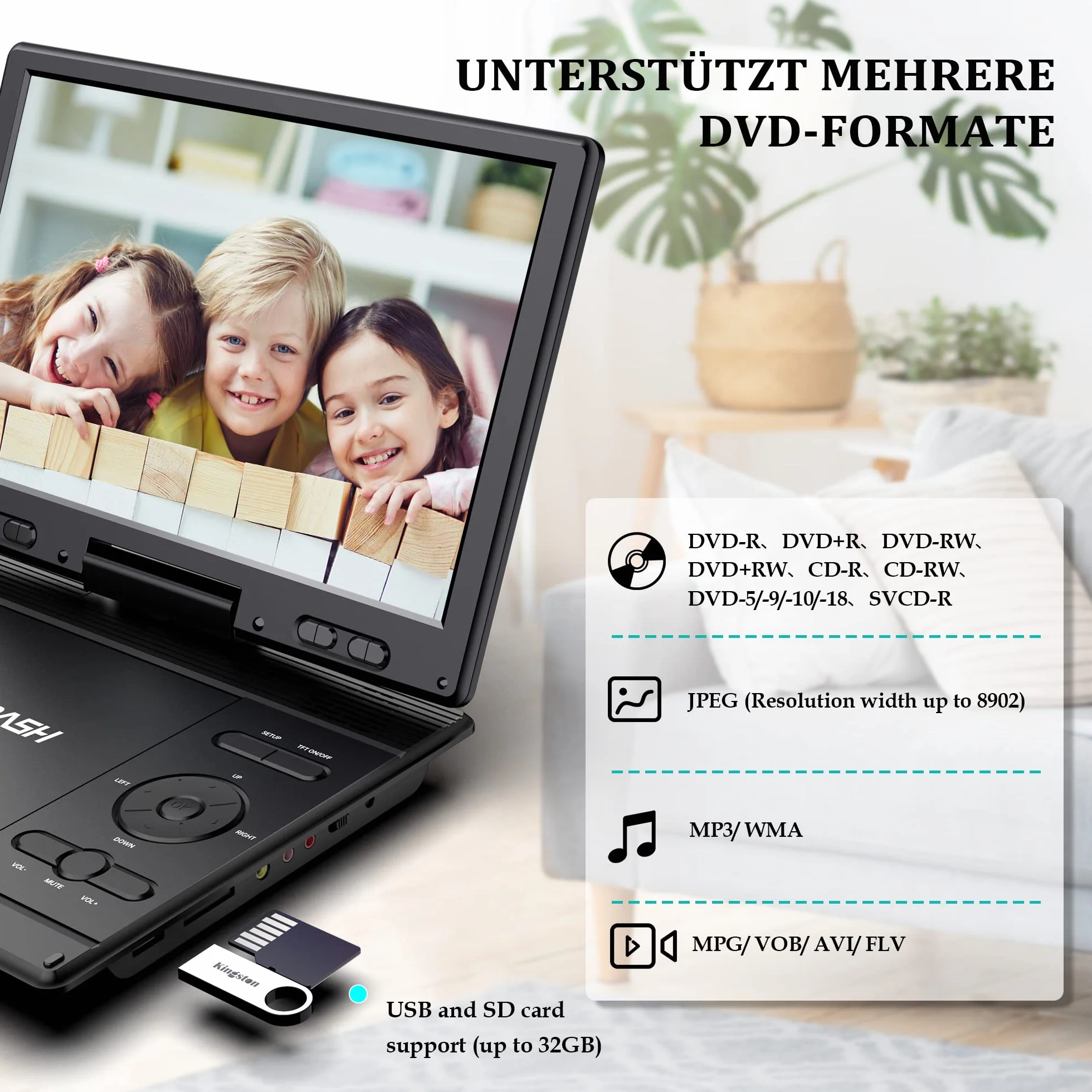 Reproductor de DVD portátil 14.1 para coche para niños con pantalla giratoria HD de 12.5 pulgadas, diseño exclusivo de teclas, función de proyector de sincronización, puerto USB/SD.