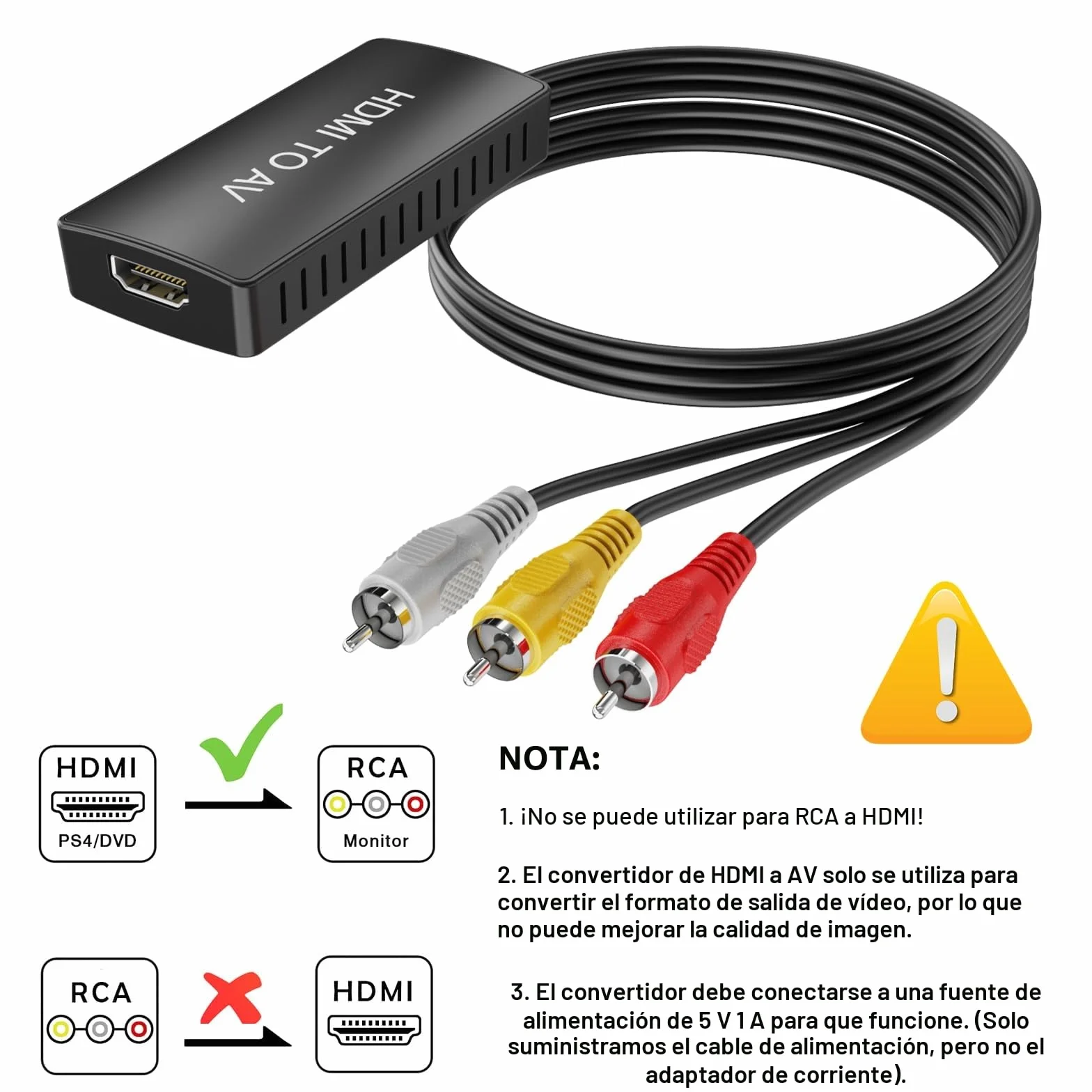 Convertidor HDMI a RCA, Adaptador HDMI a AV para TV Antigua, convertidor de Video Compuesto RCA soporta PAL/NTSC para TV Stick, Roku, Android Box, DVD