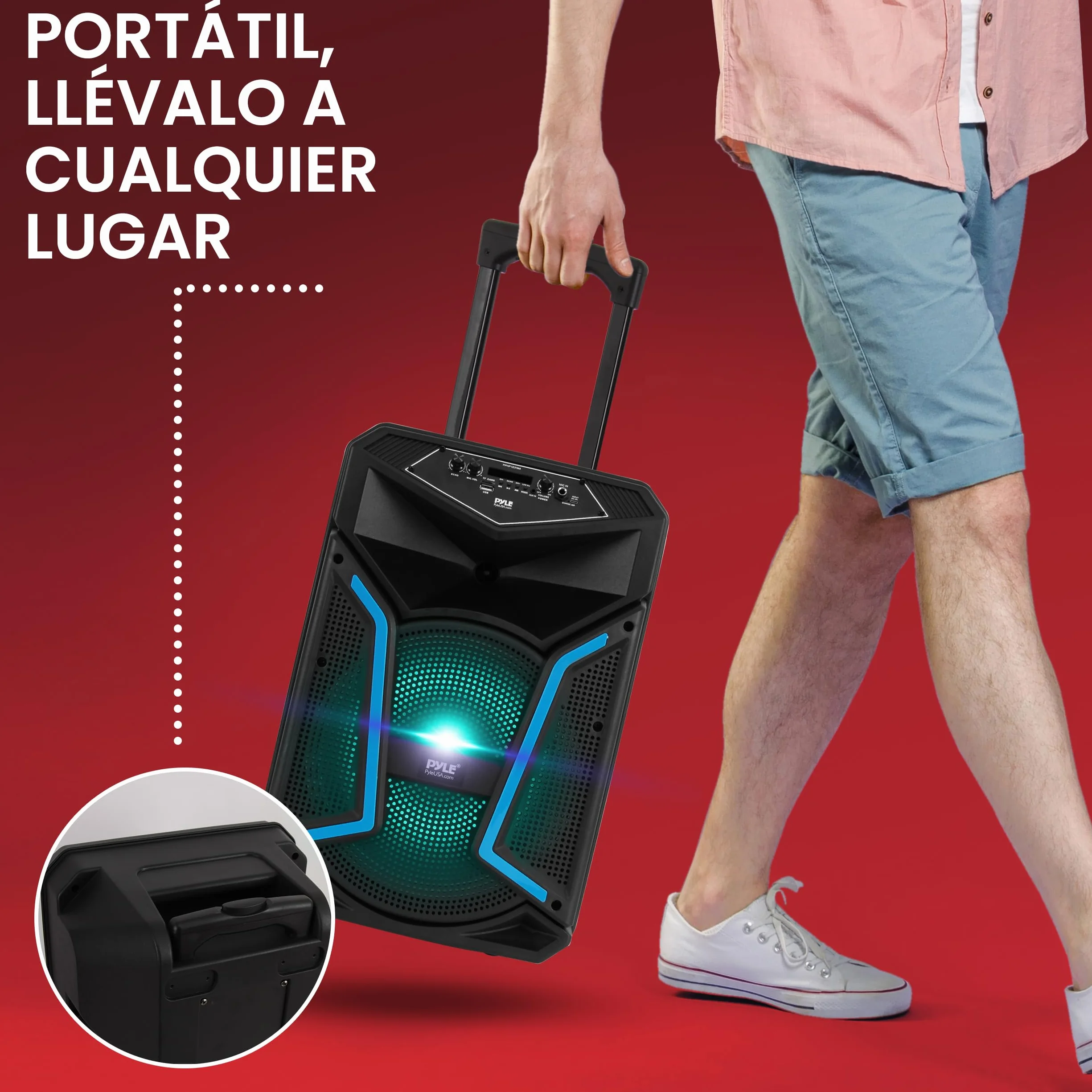 Pyle Sistema de Altavoces, PA, 800W, Bluetooth, Portatil, Microfono, Mando a Distancia, Luces, MP3, USB, Radio FM, Ruedas para facil Transporte