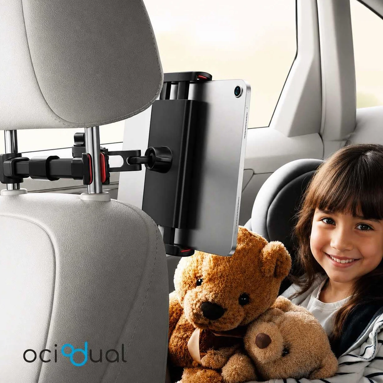 OcioDual Soporte Tablet Coche Reposacabezas, Abrazadera para Reposacabezas, Soporte para Tablet Coche Extensible, Rotación 360º, Sujeta moviles y Tablets Entre 4,4" y 11"