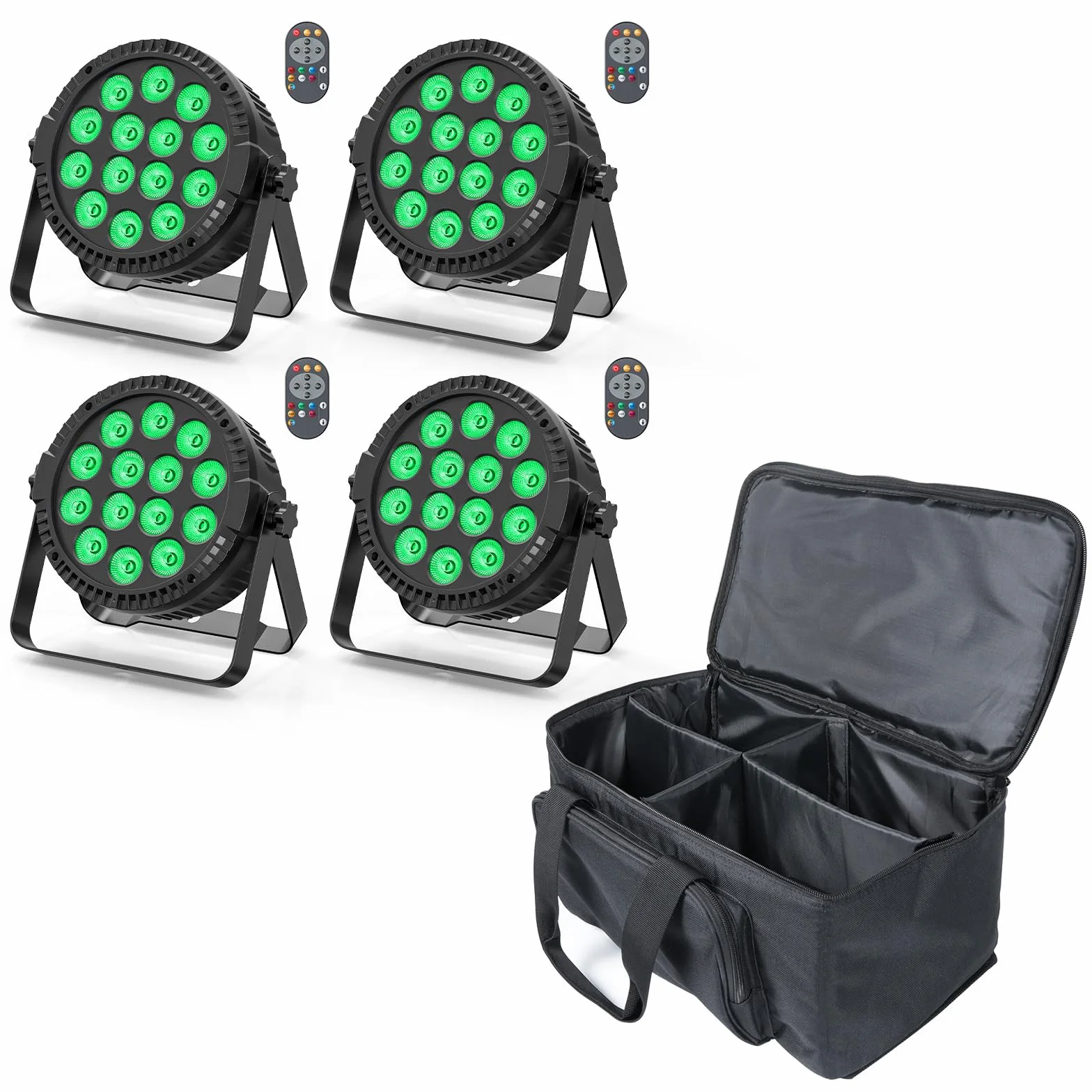 Juego de 4 focos LED par de 84 W con bolsa, 14 LED, luz de escenario, luz de fiesta, RGBW 4 en 1, DMX512, con mando a distancia, iluminación para escenario, DJ, fiesta, espectáculo, bar, Halloween,