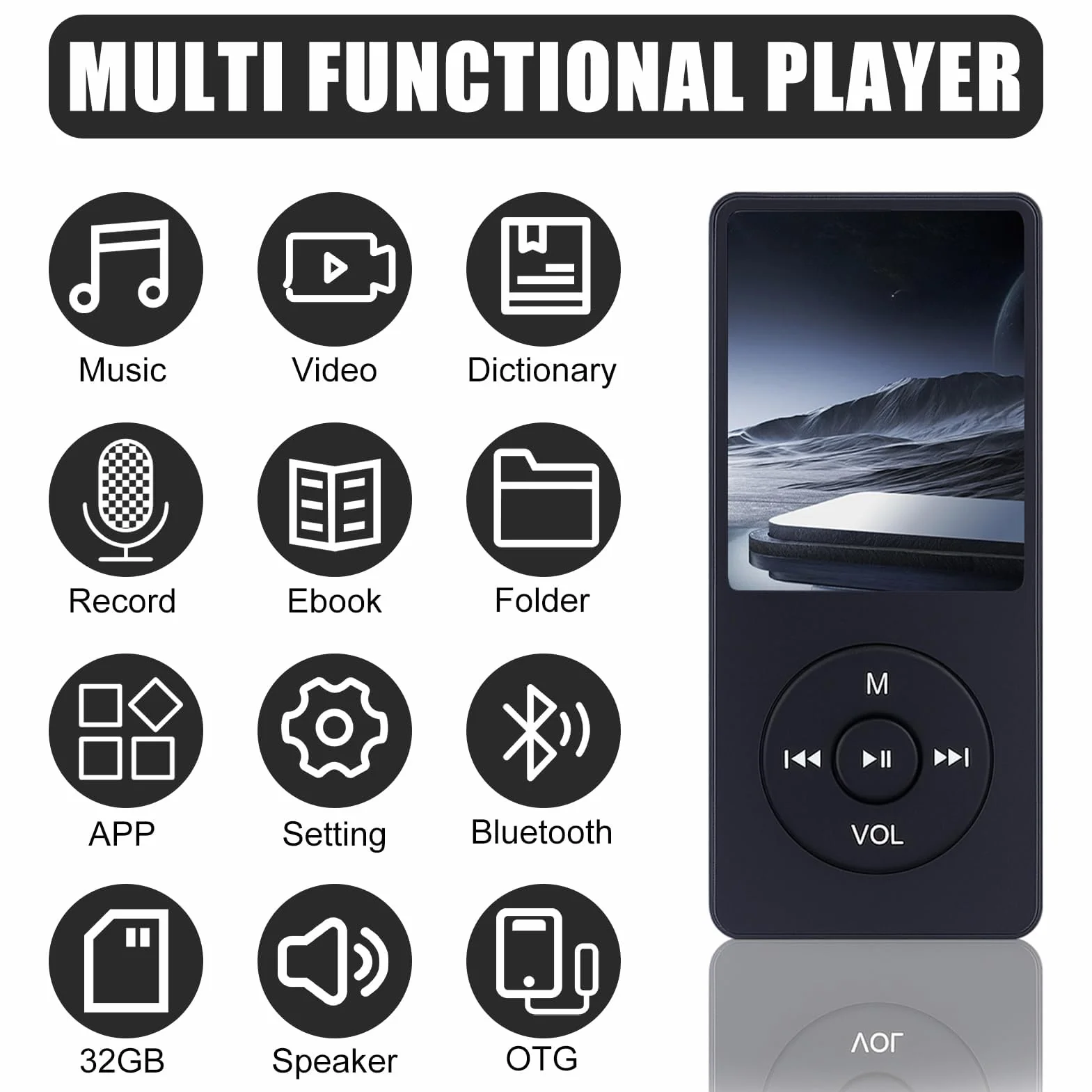 Reproductor MP3 32GB Bluetooth 5.3 Pantalla TFT 1,8 Pulgadas Auriculares Altavoz Libro Electrónico Grabación 128GB