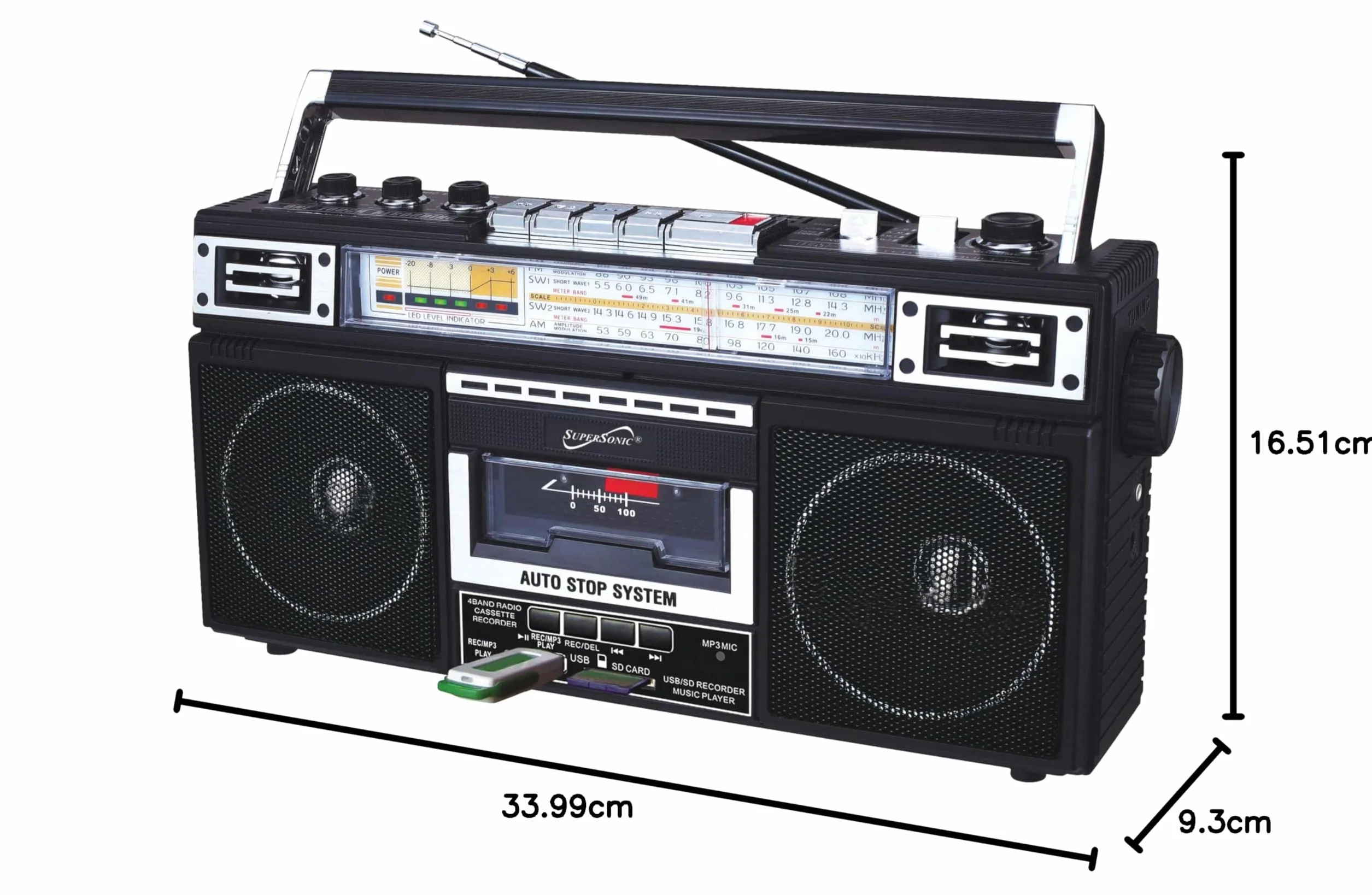 Supersonic SC-3201BT - Radio de 4 Bandas y Reproductor de Casete Boombox, Altavoz Bluetooth, Radio Am/FM/SW con reproducción de MP3, USB y Tarjeta SD, Ecualizador de 3 Bandas y Conector para