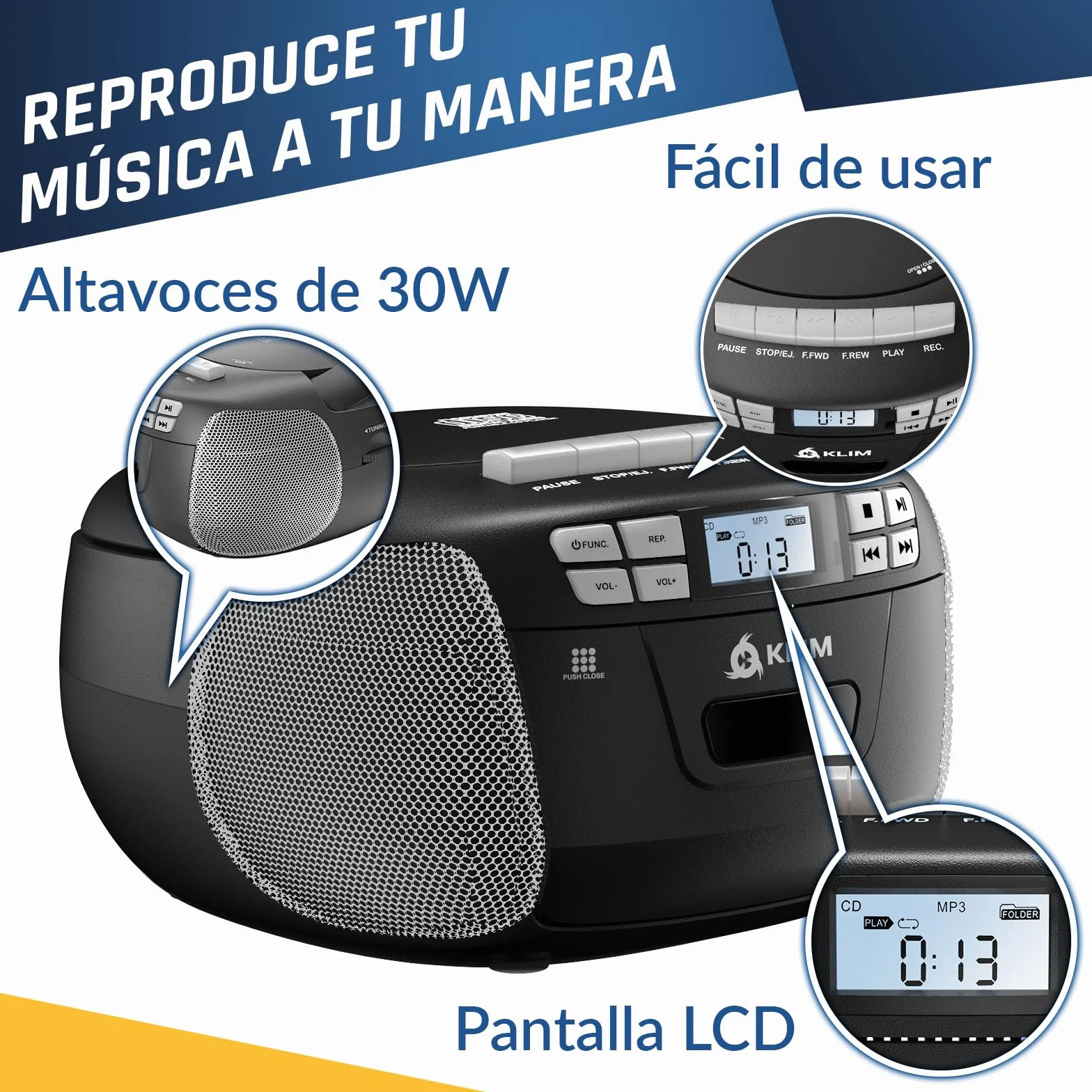 KLIM Reproductor CD Cassette Radio AM/FM Bluetooth Control Remoto Plata