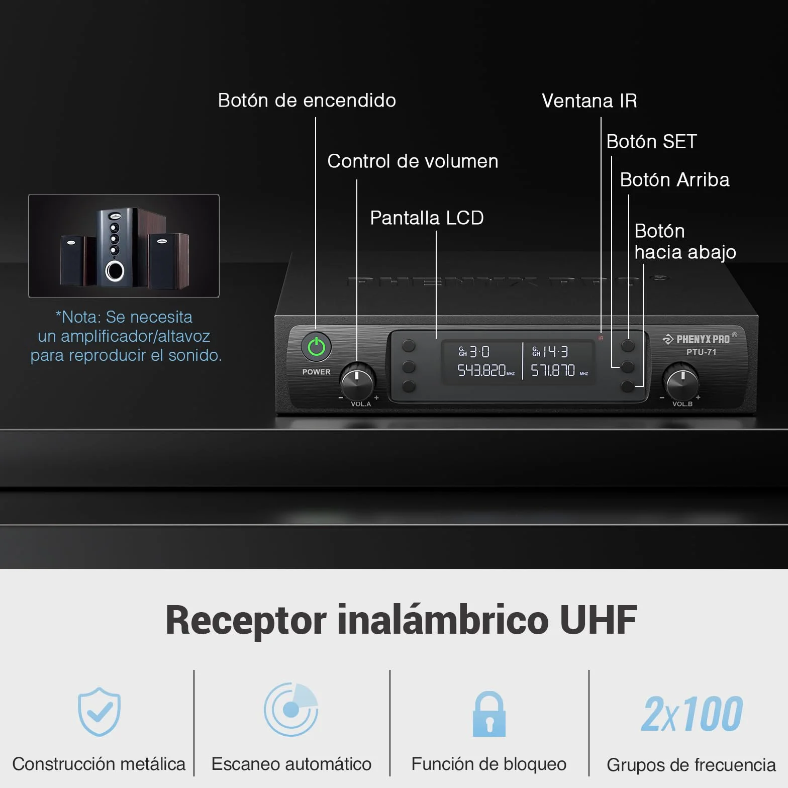 Phenyx Pro Sistema de micrófono inalámbrico profesional, w / 2 de mano, Exploración automática, 2x100 frecuencias UHF, 328 pies de alcance, micrófono dinámico para cantar, karaoke, Iglesia (PTU-71-2H)