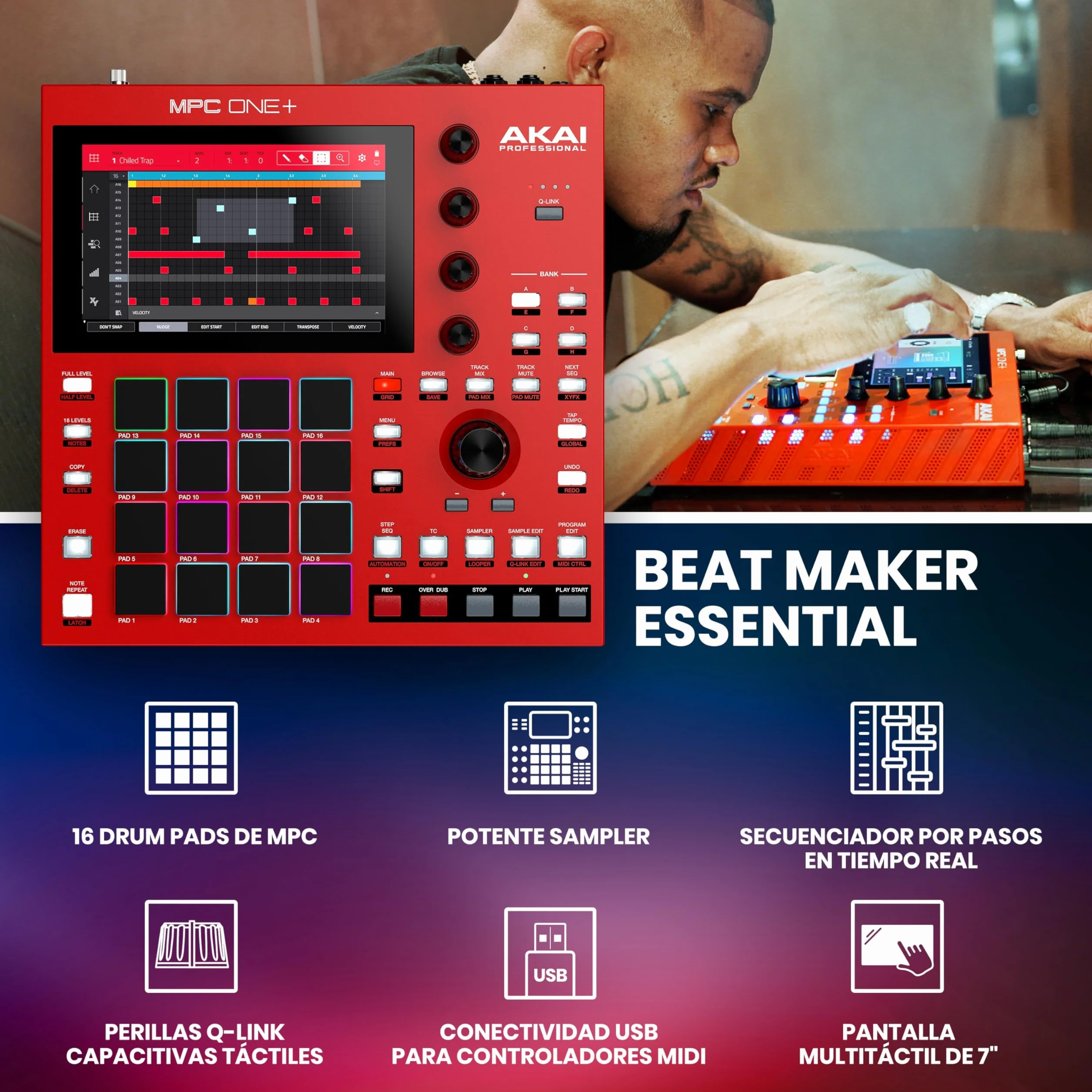 Akai Professional MPC One+ Drum Machine, Beat Maker y Controlador MIDI Autónomo con WiFi, Bluetooth, Drum Pads, Plug-ins de Sintetizador, Pantalla Táctil e Integración con Native Instruments