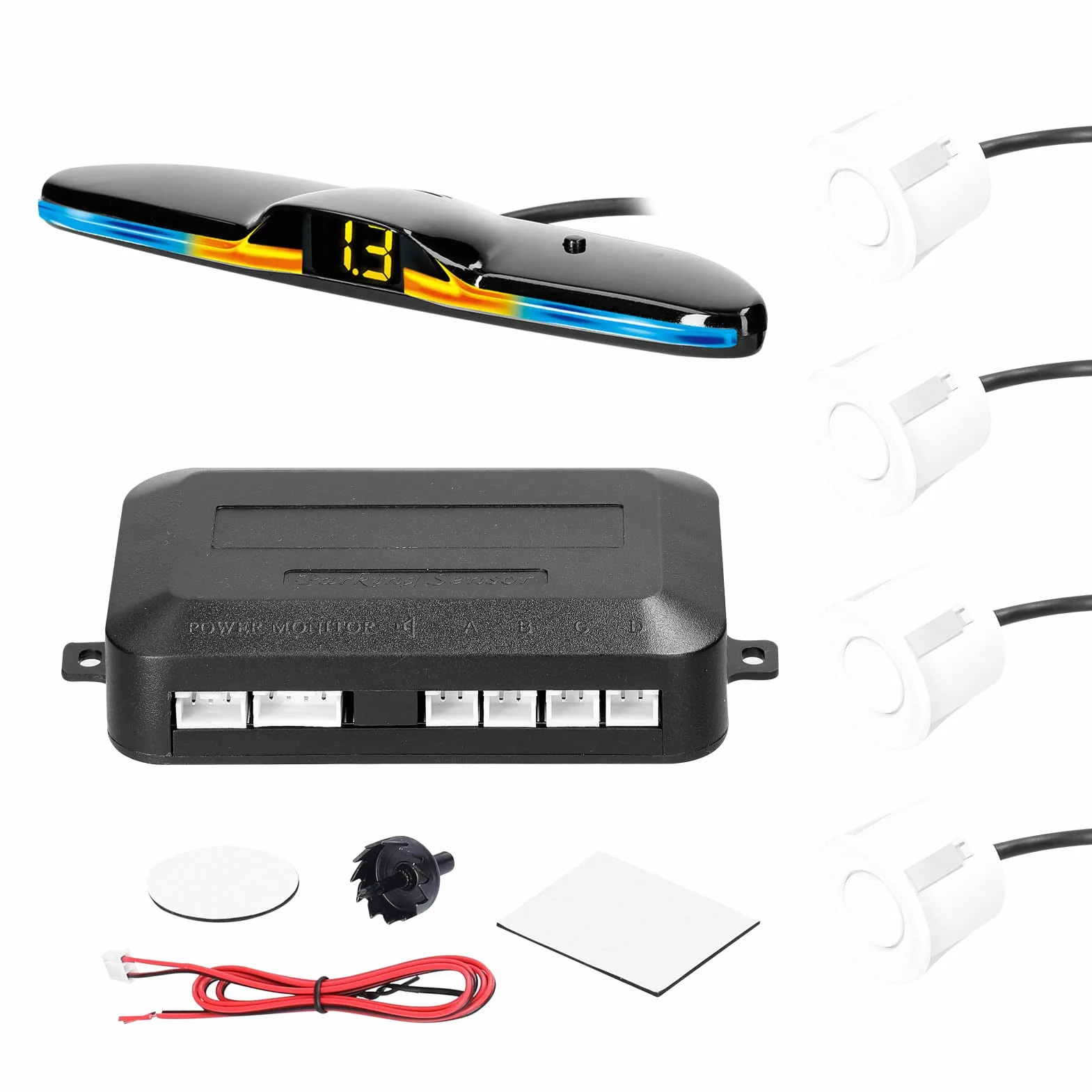 Sensor de aparcamiento para coche Sistema de radar de marcha atrás con 4 sensores de aparcamiento Detección de distancia Indicador de distancia de luz LED zumbador de advertencia, blanco