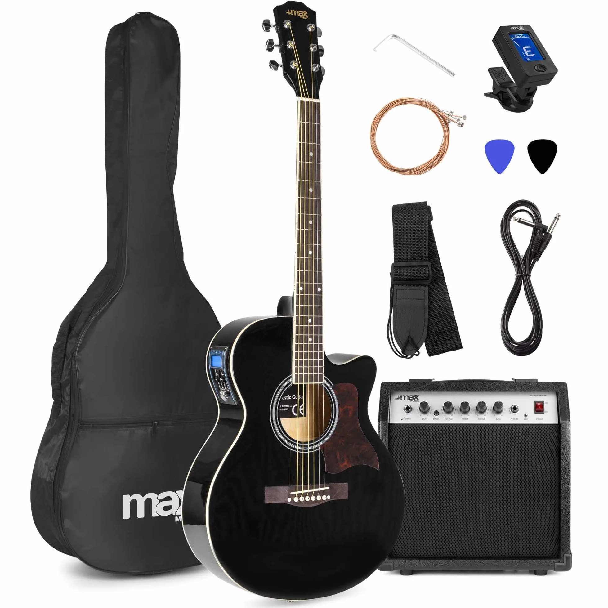 MAX Guitarra Electroacústica Set Completo - Cuerpo Dreadnought, Amplificador 40W, Funda, Soporte, Afinador, Púas, Correa, Cuerdas Repuesto - Ideal para Principiantes y Profesionales