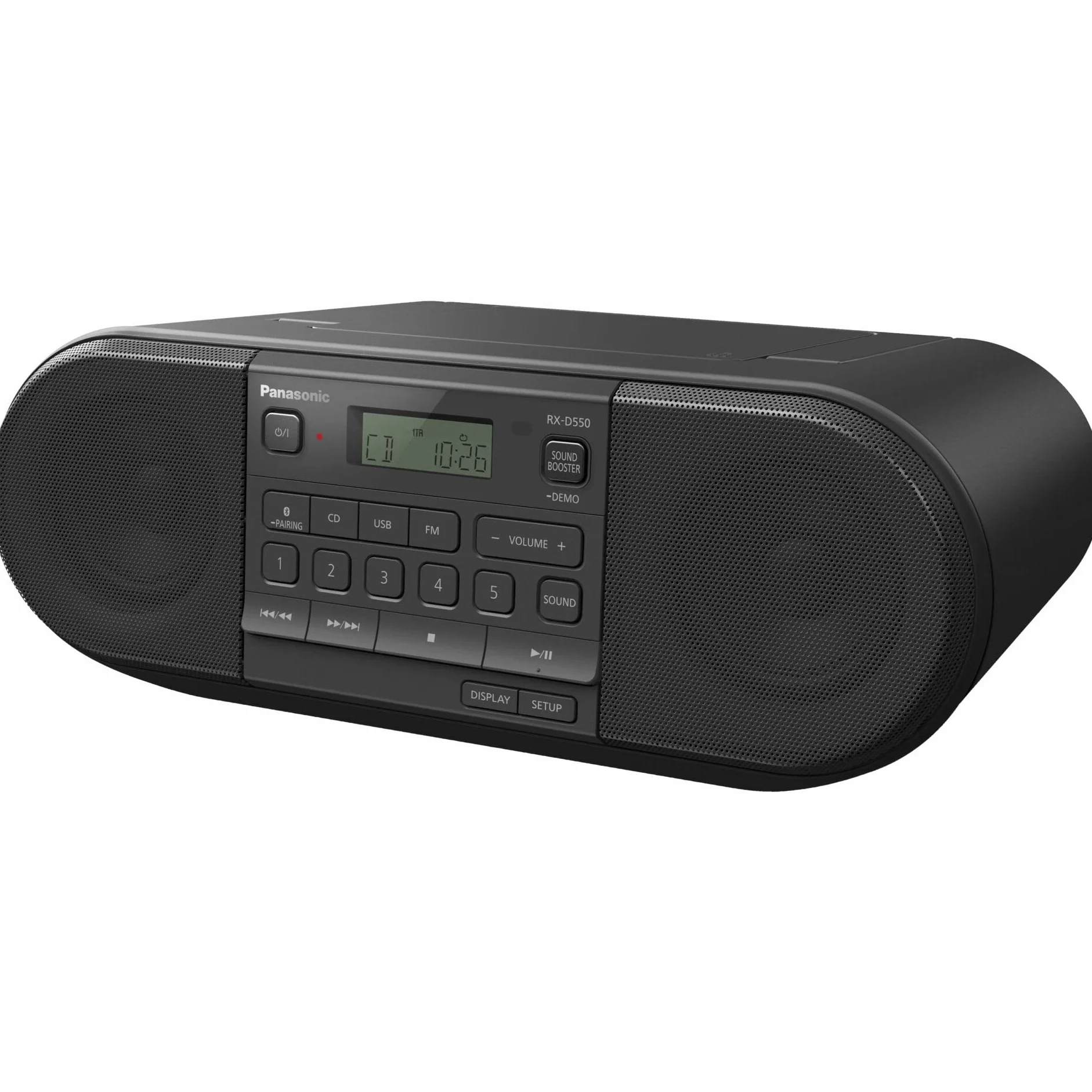Panasonic RX-D550E-K Boombox (Radio FM, Reproductor CD, Altavoz Portátil, USB, Bluettoth, Funcionamiento con Batería y Cable) - Negro