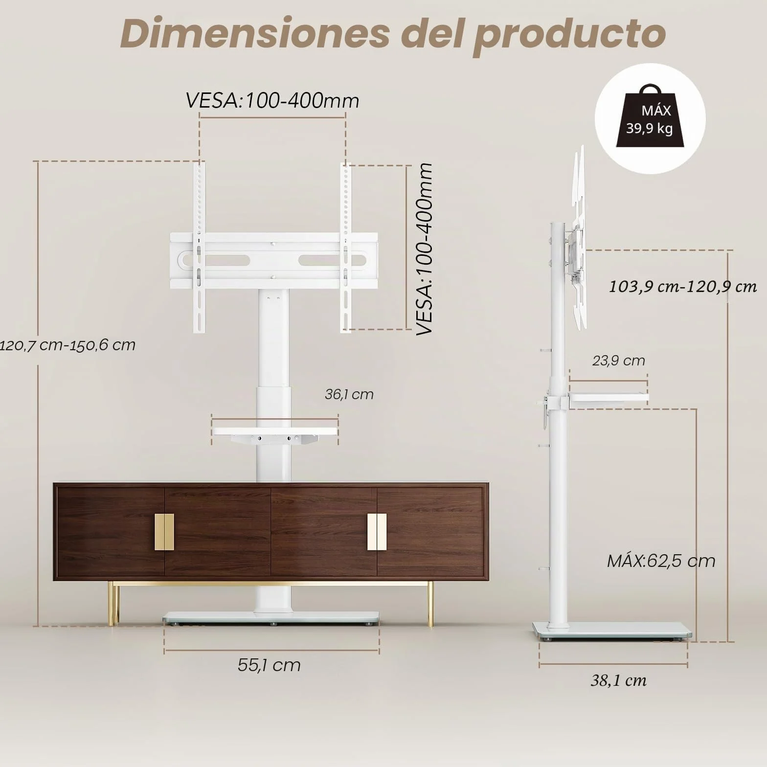 Soporte de TV universal para piso con montaje, giro de 70 grados, 9 niveles de altura ajustable y diseño que ahorra espacio para la mayoría de televisores LCD, LED, OLED de 27 a 65 pulgadas, blanco