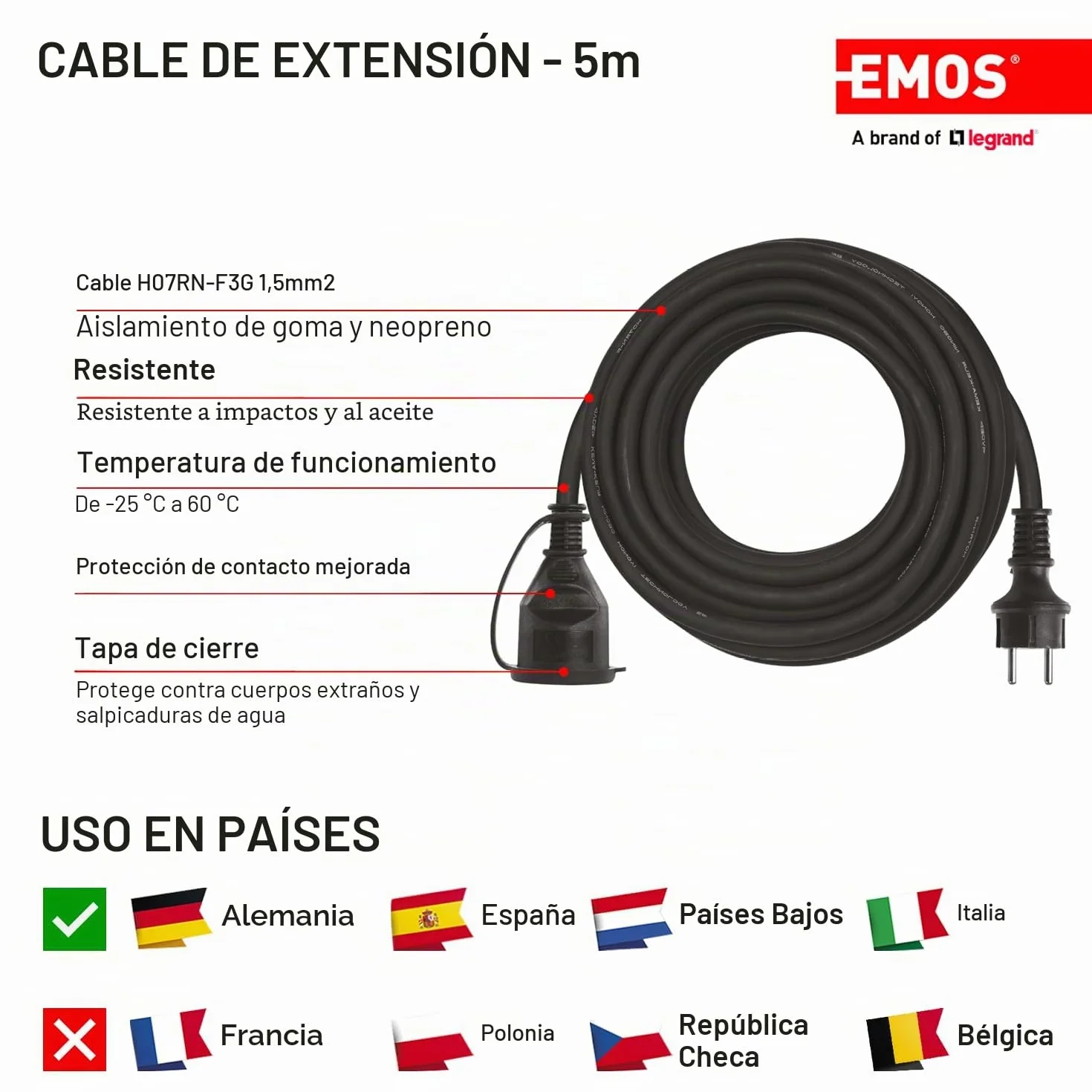 EMOS Przedłużacz IP44 5m Schuko 230V 16A 3680W H07RN-F3G 1.5mm² Czarny